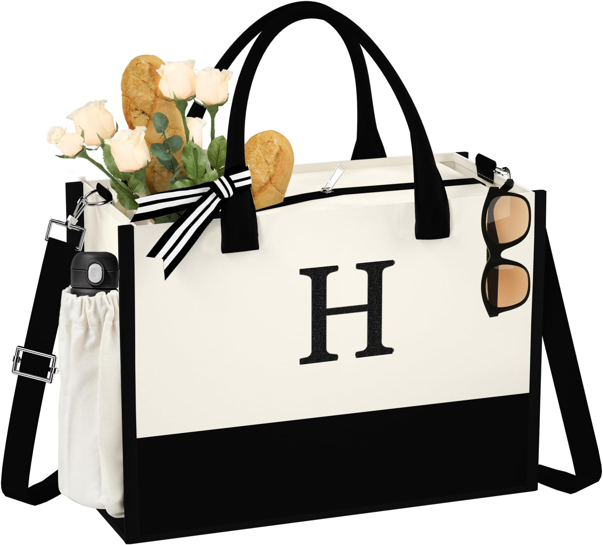 QLOVEAInitial Canvas Tote Bag - Reusable Grocery Bags, Birthday Gifts Basket for Bridemaids Friends Teachers