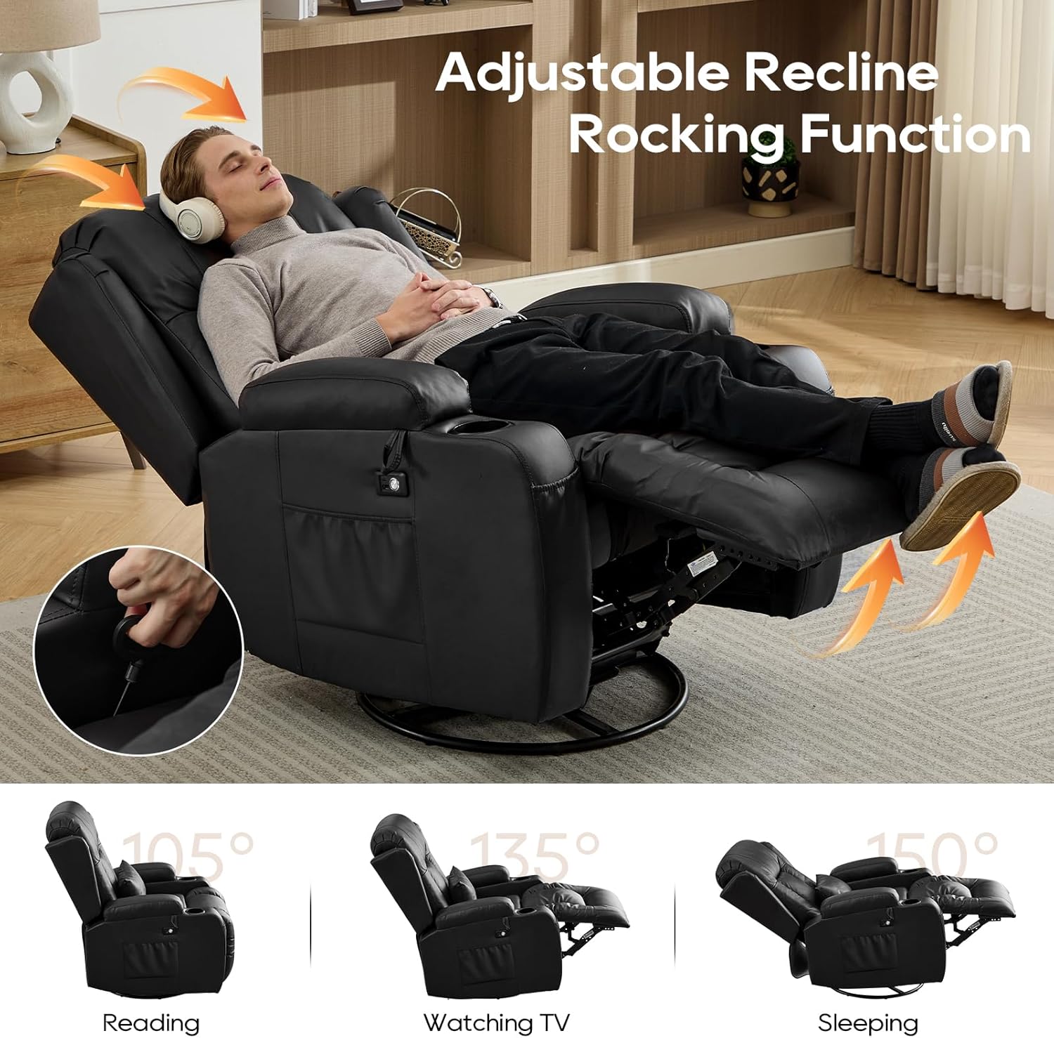 IPKIG Swivel Recliner Chair | Set of 2 Recliner RV Sofa with Swivel |Faux Leather Reclining RV | RV Theater Seats |RV Theater Seating | RV Furniture, Manual Recliner Chair (Black-Swivel Recliner)