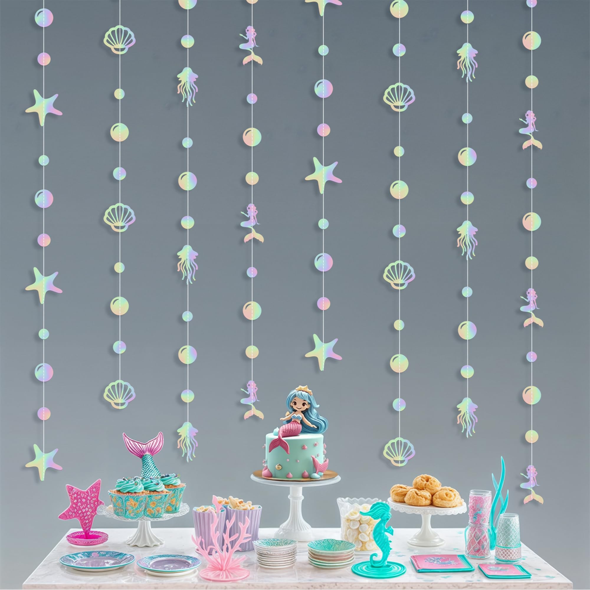 KatchOn, Iridescent Under The Sea Garland - 6.5 Feet, 8 Strings | Seashell Banner, Under The Sea Party Decorations | Mermaid Garland for Mermaid