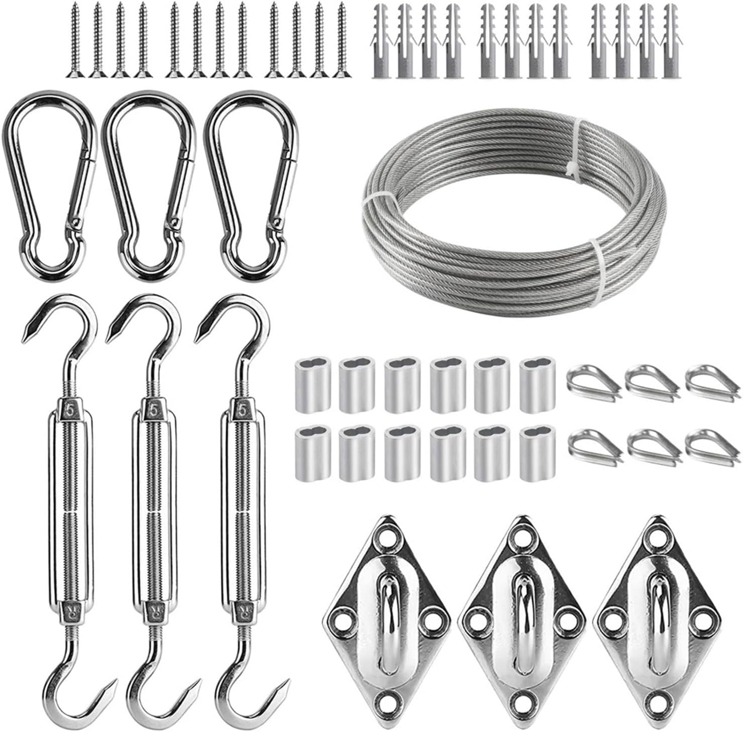 Shade Sail Hardware Kit Shade Sail Canopy Accessory 5mm 304 Stainless Steel Hardware Kit Turnbuckle Clip Hook 15M/3mm PVC Coated Wire Rope