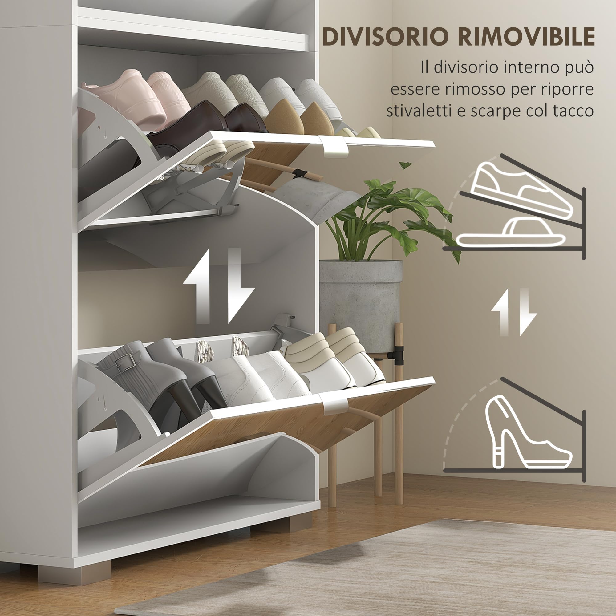HOMCOM Scarpiera Salvaspazio con Specchio e 4 Cassetti a Ribalta, Mobile Portascarpe Slim per 24 Paia di Scarpe per Ingresso e Camera, 76x26x178cm, Bianco