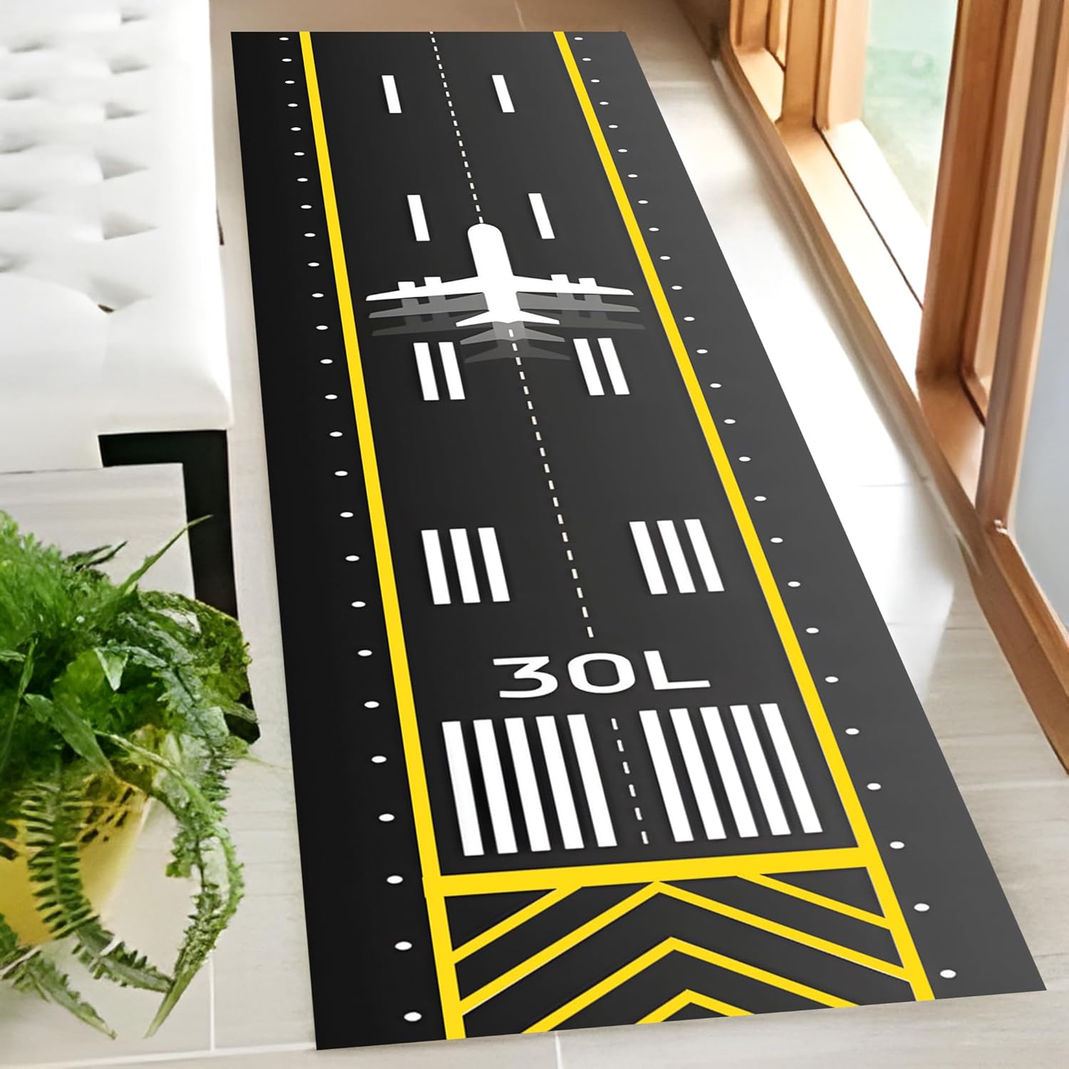 Black Yellow White Airplane Runway Runner Rug, Track Aircraft Plane Area Road Pattern Rugs, Aviation Decor,Airport Non Slip Carpet na55.1 (23”x78”)=60x200cm