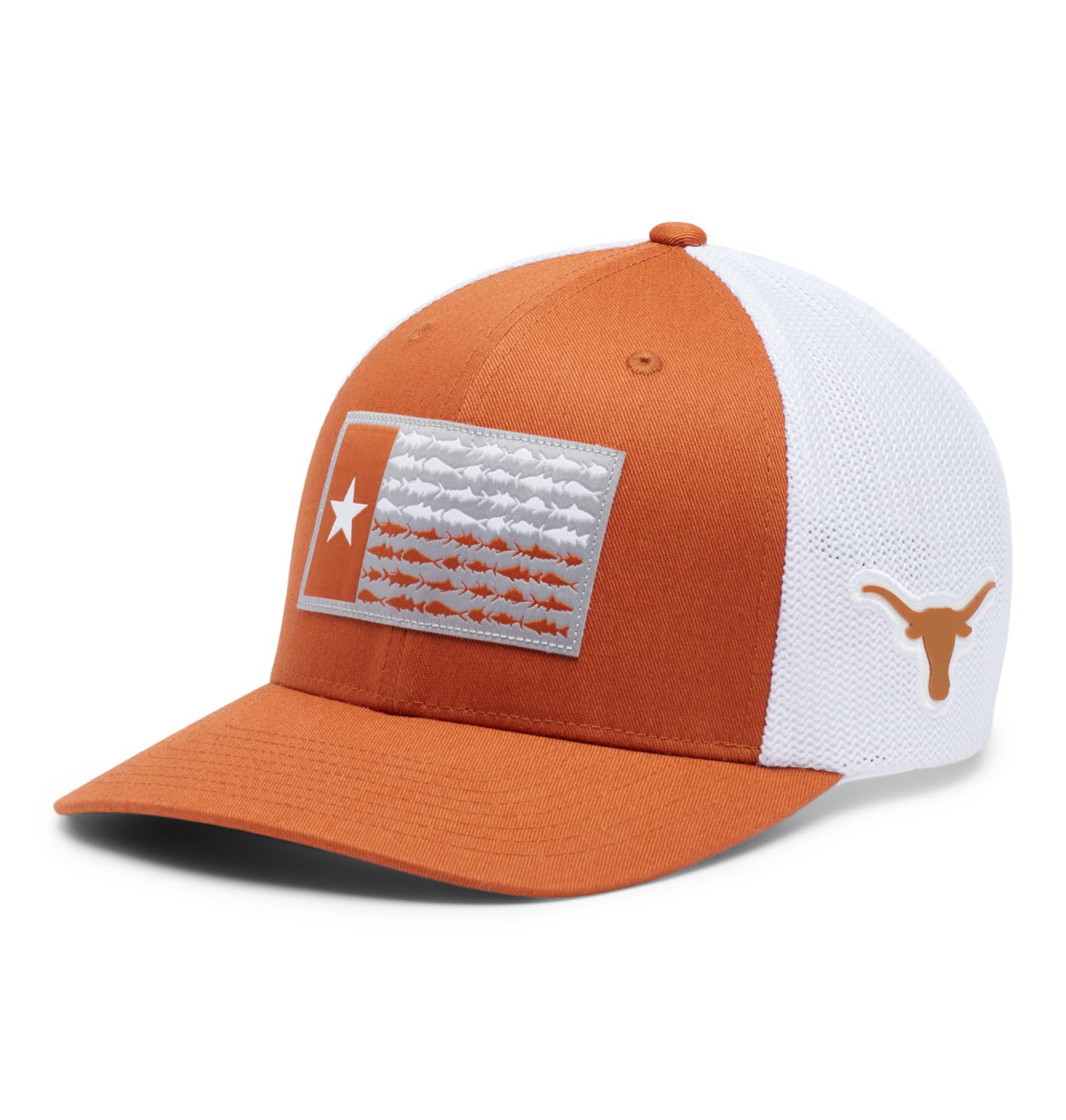 Columbia Unisex Collegiate PFG Mesh Fish Flag Ball Cap, TEX - Cedar/Texas Flag, Small/Medium