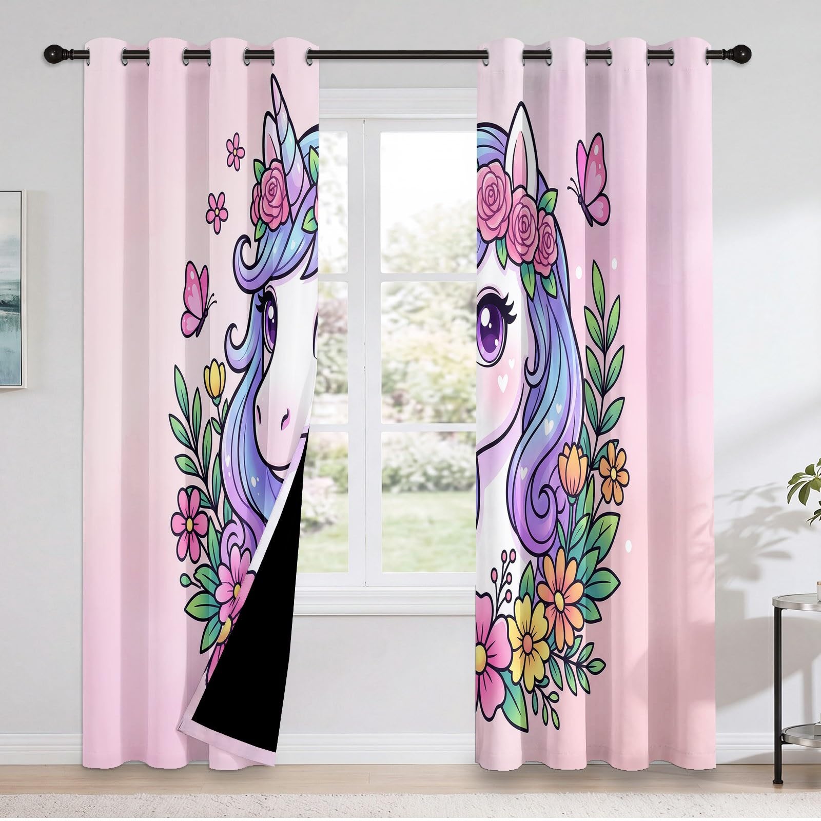 Générique Rideaux pour Enfants 140L X 240H cm (2 Panneaux), Rideaux Isolant Thermique Motif Licorne De Rêve, Décoration de Animal Animé pour Chambre d'enfant Garçon Adolescent Salon Fenetre, Rose