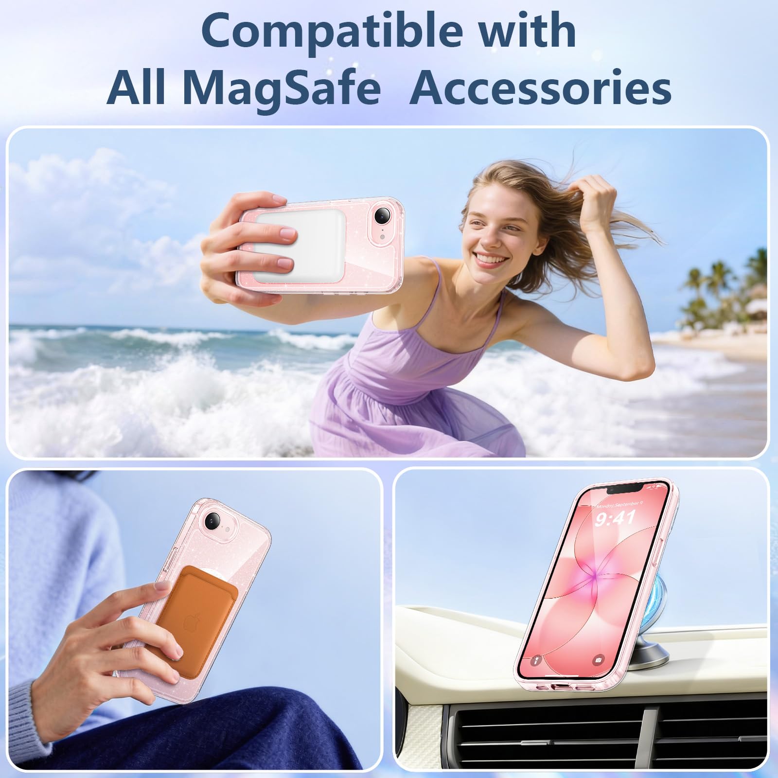 AROYI Coque pour iPhone 17e / iPhone 16e (6,1 Pouces) avec 2 Verres Trempés, Compatible avec Mag Safe, Fine, Scintillante, Glitter Etui Antichoc Housse pour iPhone 17e / iPhone 16e, Transparente - 5