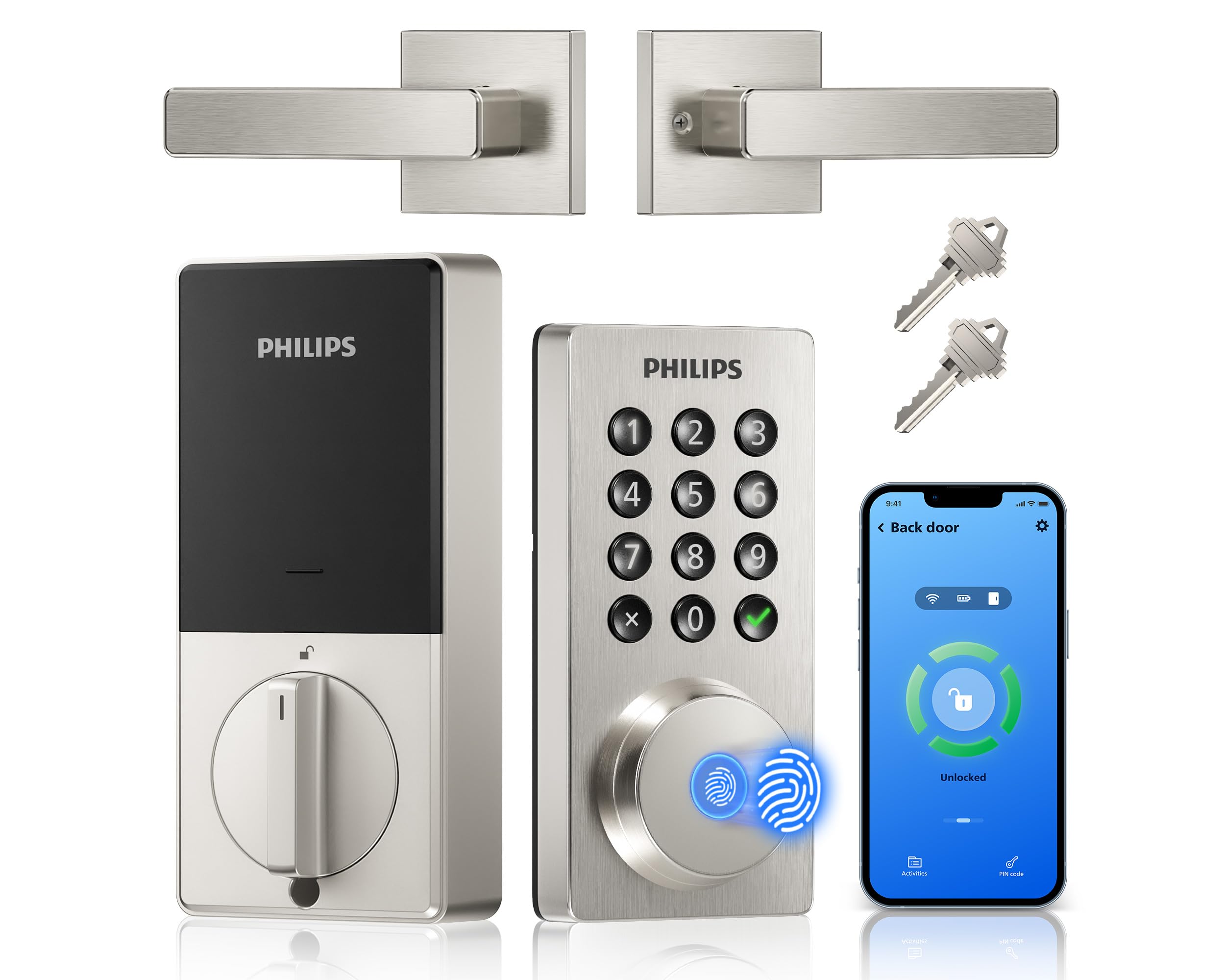 Photo 1 of Philips WiFi Keypad Door Lock with Handle, Built-in WiFi, APP Remote Control, Voice & Fingerprint Unlock, Smart Locks for Front Door with Auto Lock, Keyless Entry Deadbolt, Satin Nickel