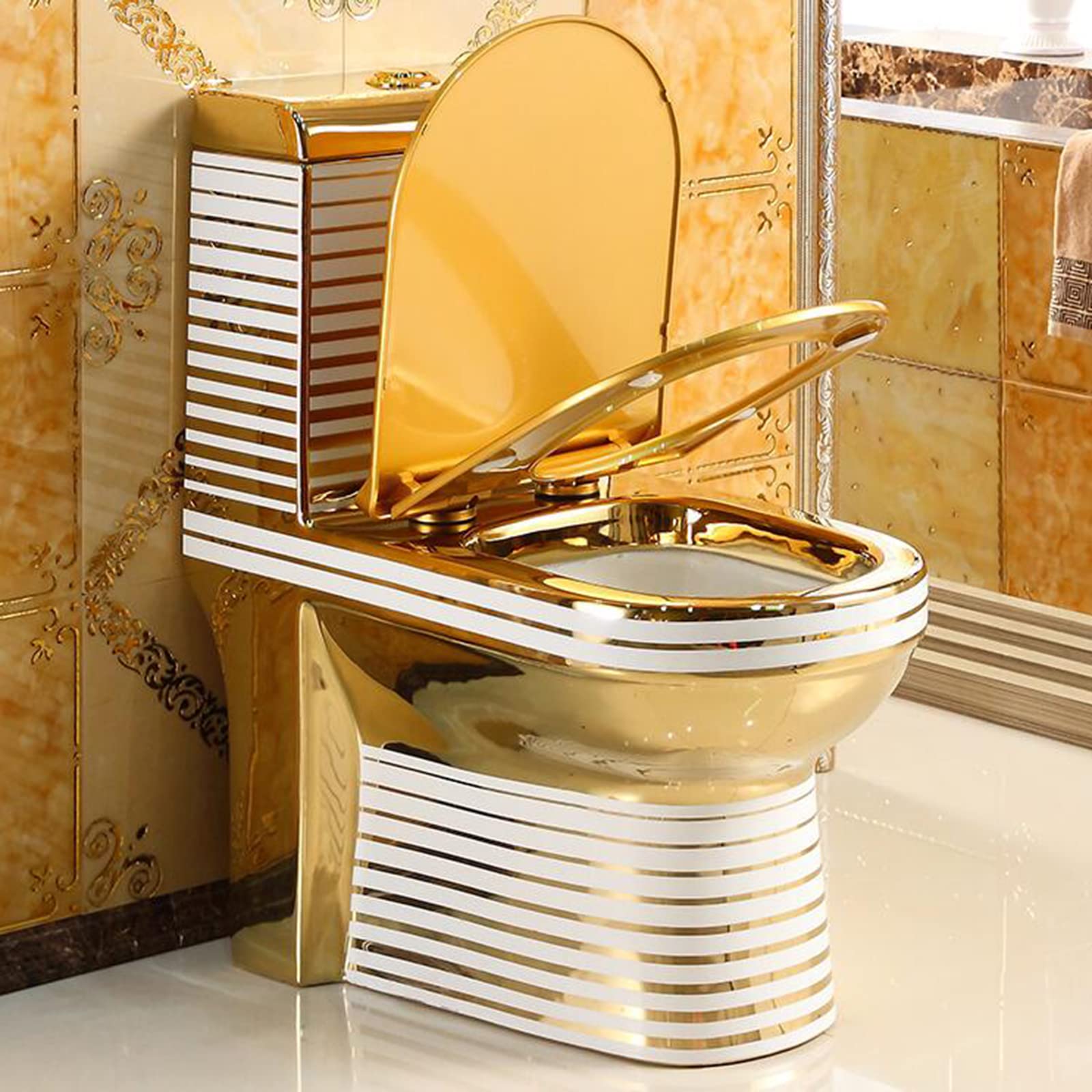 Inodoro dorado de una sola pieza con bombeo de agua silencioso para uso doméstico, lujoso y ligero, estilo europeo, de lujo, sifón de cerámica, apto para 305 mm (dorado 350 mm)