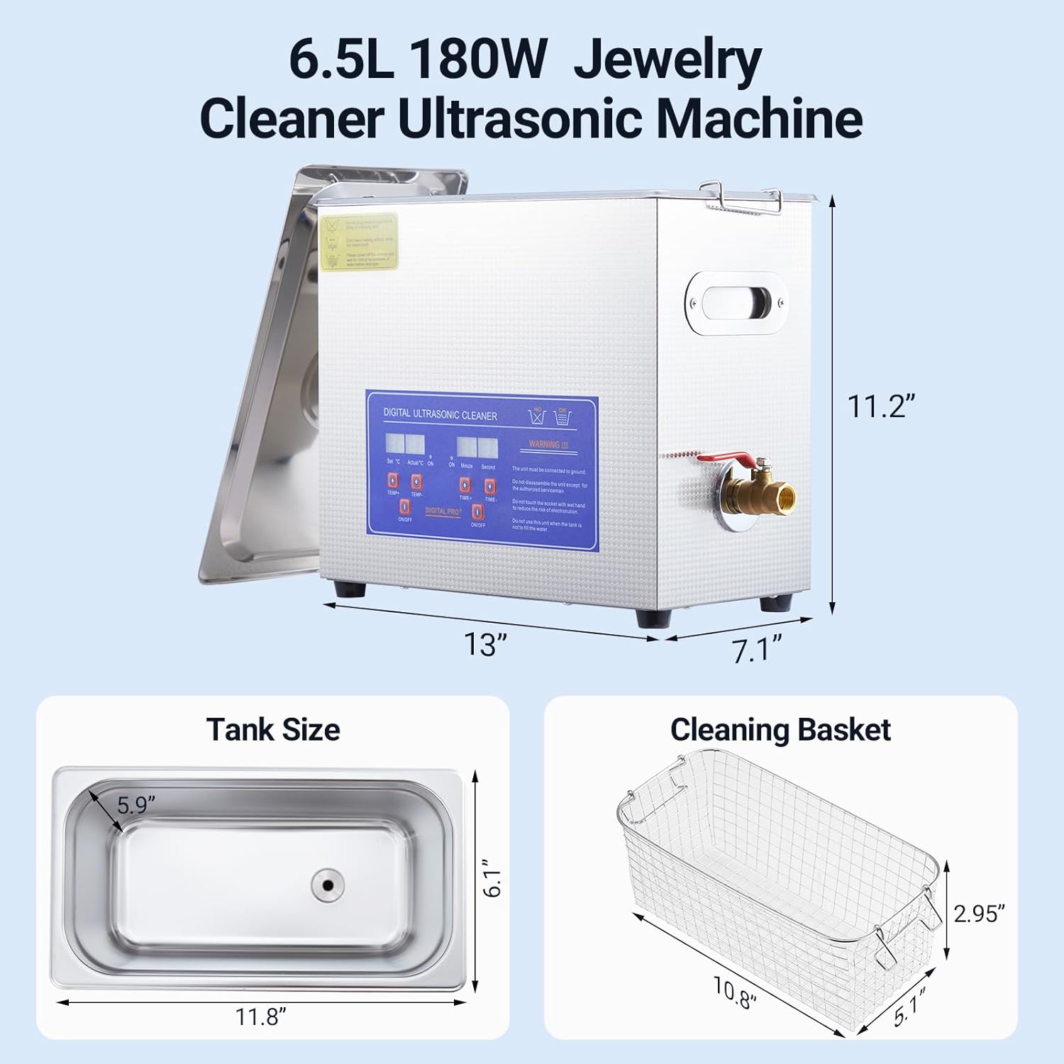 Commercial Ultrasonic Cleaner, 6.5L Professional Ultrasonic Cleaner, 40kHz with Digital Timer & Heater, 180w Excellent Cleaning Machine for Watch Eyeglasses Rings