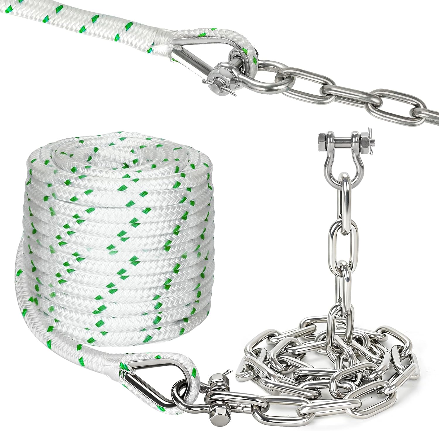 Anchor Rope and Chain Kit - 3/8" Boat Anchor Rope 50 ft with 316 Stainless Steel 3/16" Anchor Chain 4 ft - Heavy Duty Nylon Anchor Line with Spliced Thimble & Shackles - Anchor Rode for Boat