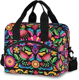 Reusable Lunch Bag Mexican Floral Insulated Lunch Box Cooler Tote Removable Shoulder Strap Meal Picnic Bags for Outdoor Travel Office Work
