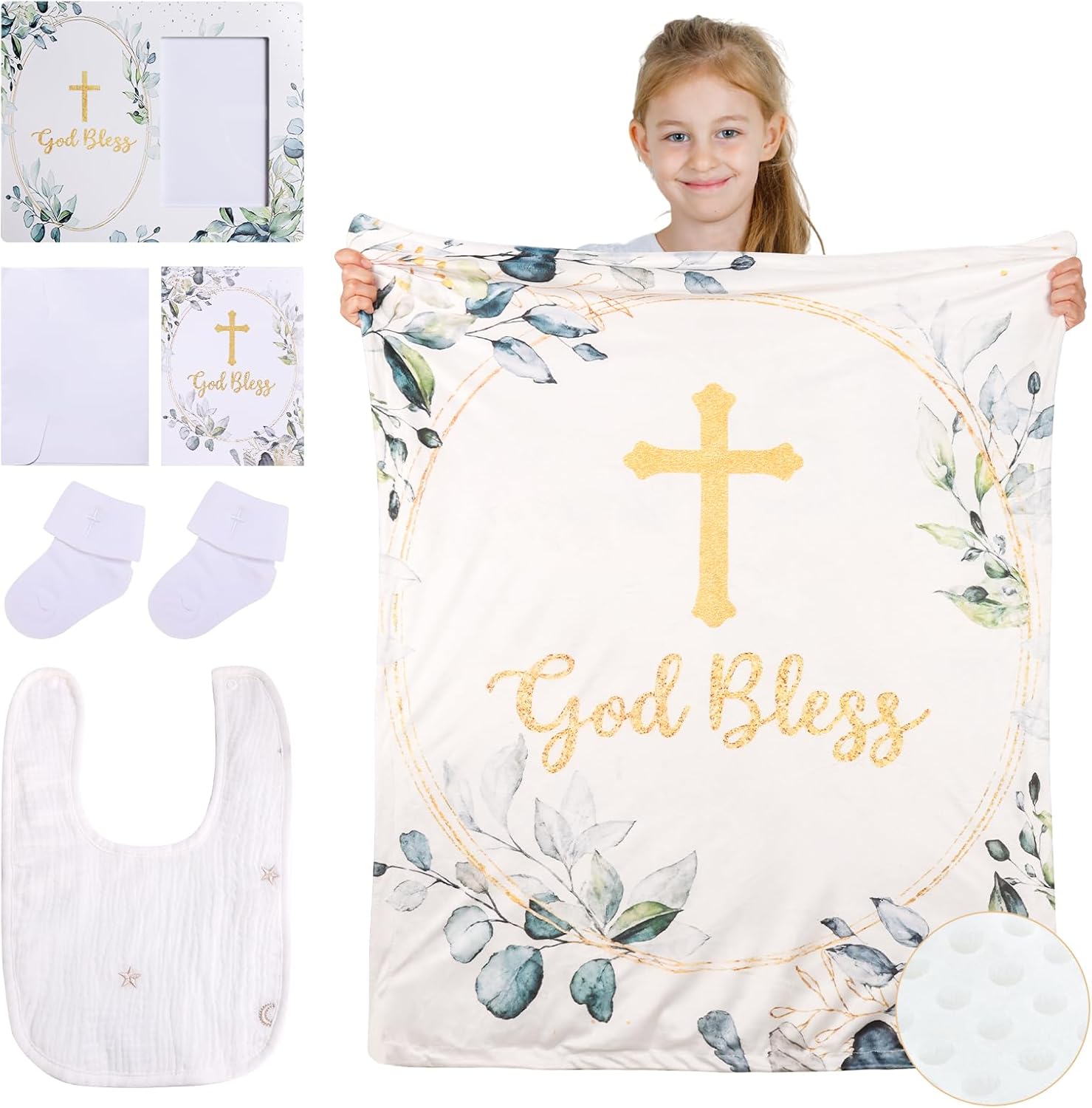 Baptism Gifts for Girl Boys Christening Baby Dedication Gifts with Baptism Picture Frame White Soft Baby Blanket Socks Bib