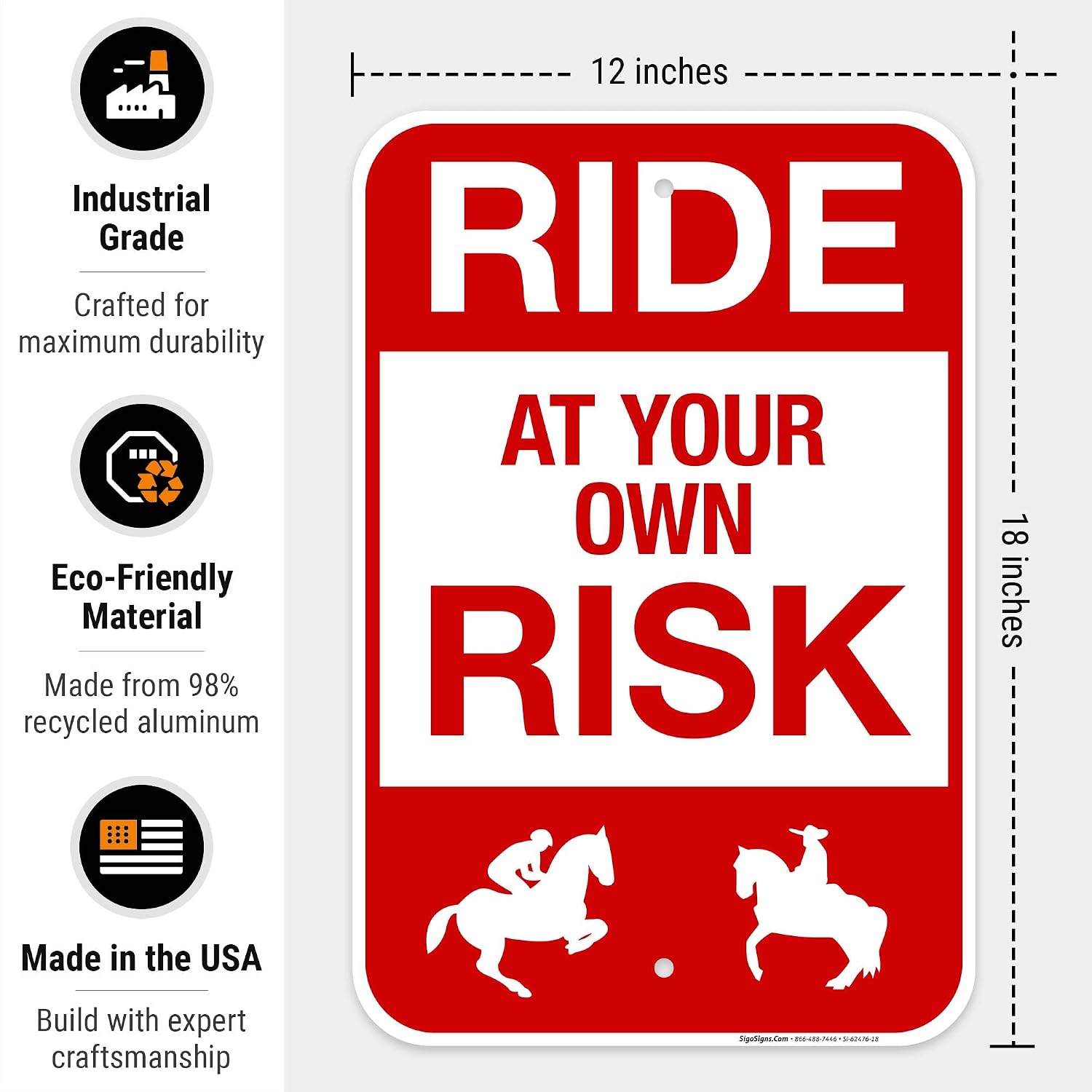 Ride at Your Own Risk Sign, 12x18 Inches, 55 mil Thick HDPS (high Density polystyrene), Made in USA