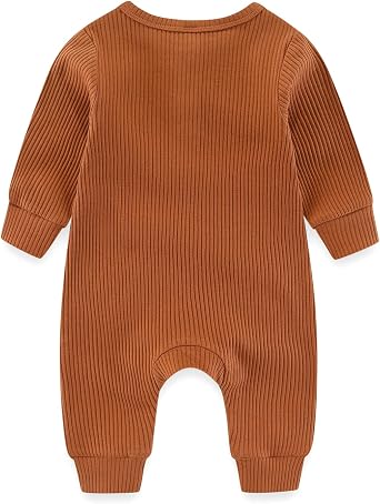 Newborn Baby Boys Girls One Piece Romper with Mitten Cuffs Solid Long Sleeve Ribbed Button Jumpsuit Outfit Clothes