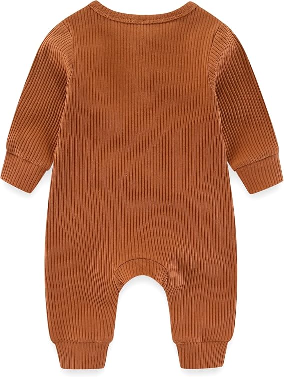 Newborn Baby Boys Girls One Piece Romper with Mitten Cuffs Solid Long Sleeve Ribbed Button Jumpsuit Outfit Clothes
