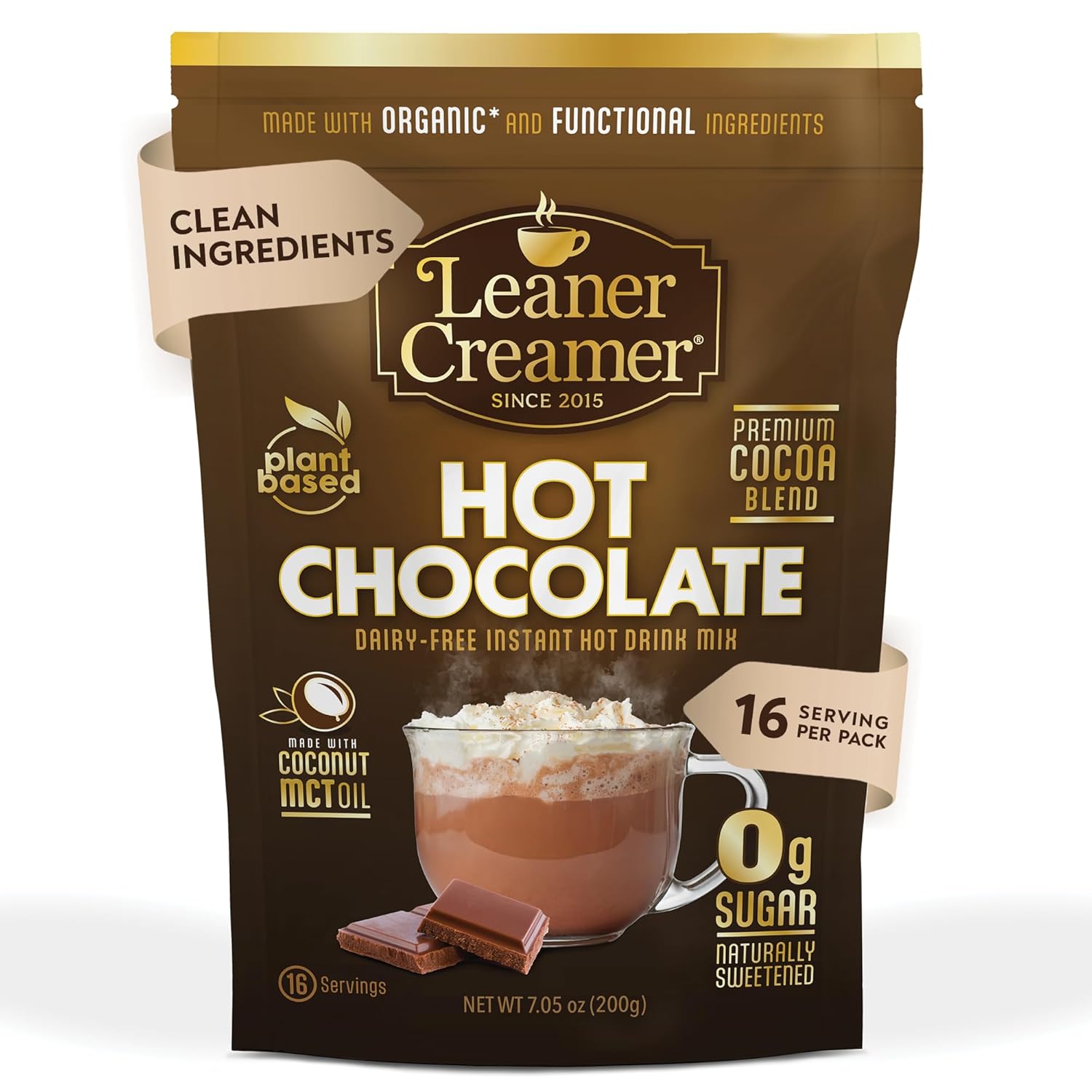 Instant Leaner Hot Chocolate Mix | Indulgent, 0g Sugar, Keto & Low Carb | Clean Label, Dairy-Free | Functional Focus with L-Theanine | Rich Cocoa Flavor