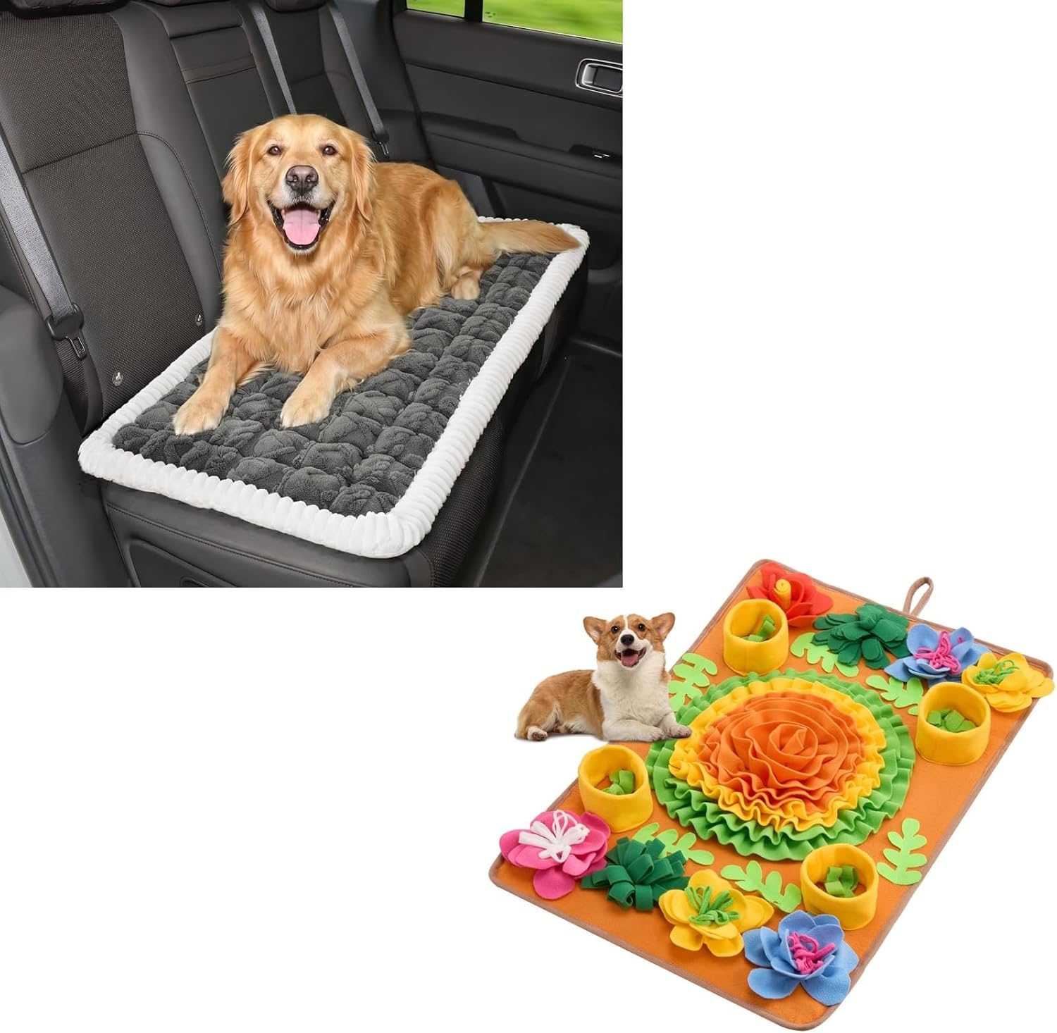 Avont Dog Travel & Enrichment Bundle (2 Pack: Car Seat Mat + Snuffle Mat) – Machine Washable Non-Slip Thick Plush Travel Bed for SUV Truck Camping + Interactive Sniffing Feeding Puzzle Slow Feeder for