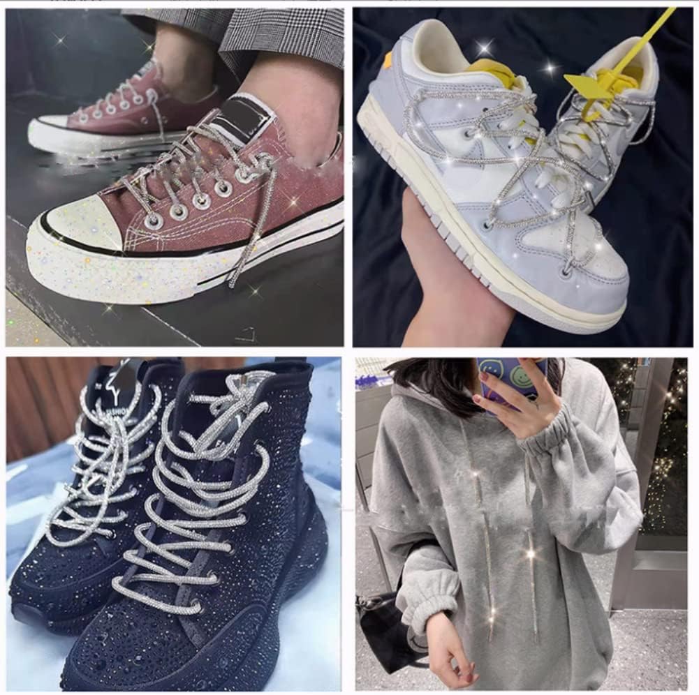 Rhinestone Shoelaces, Round Shoe Laces Trousers Rope Belt Metal Head Drawstring Cord Replacement for Sneakers Hoodie Pants