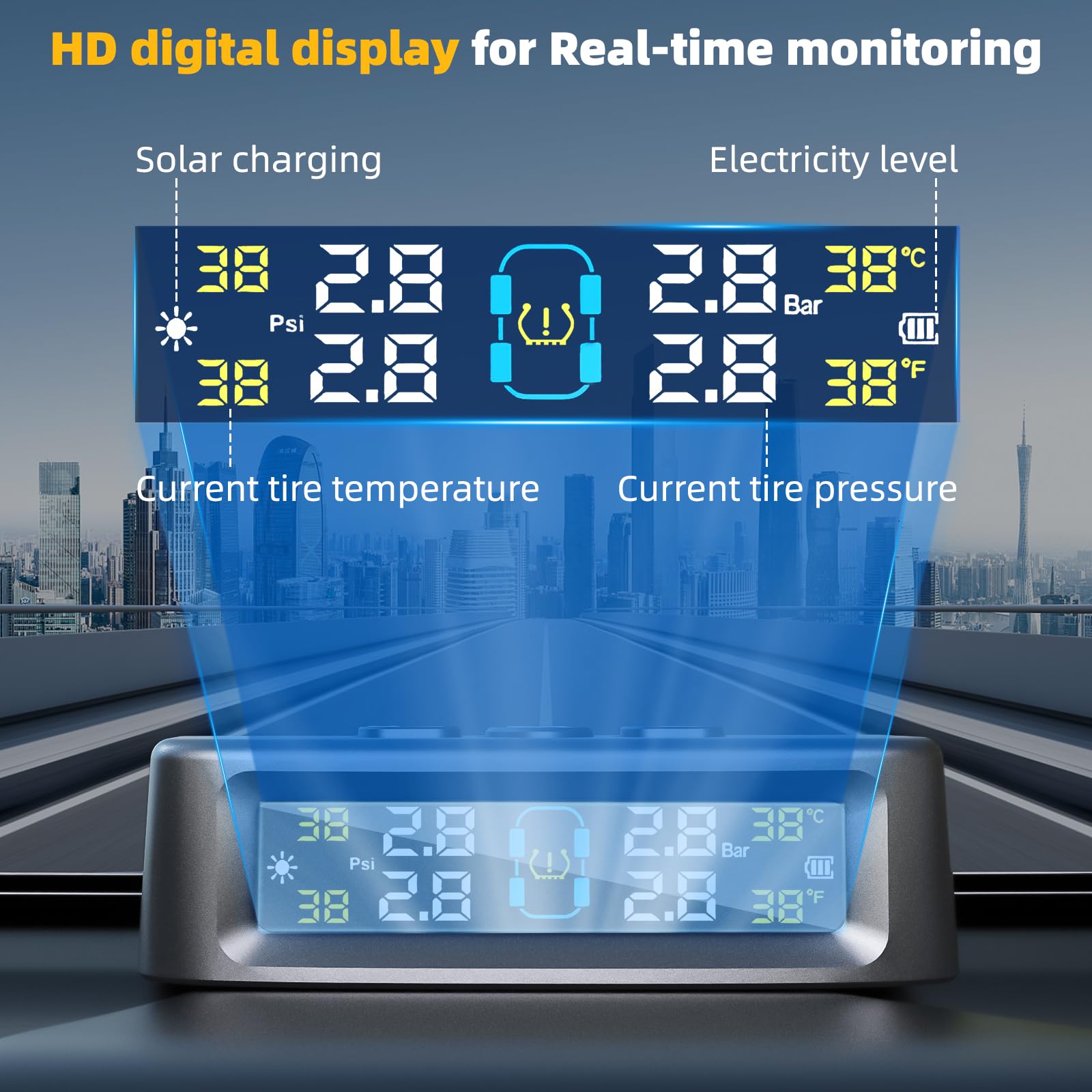0-5bar Sistema di Sensori di Monitoraggio della Pressione degli Pneumatici TPMS Monitoraggio Solare Senza Fili con 4 Gomme Sensori Esterni 4 Modalità di Allarme per Auto SUV Camper