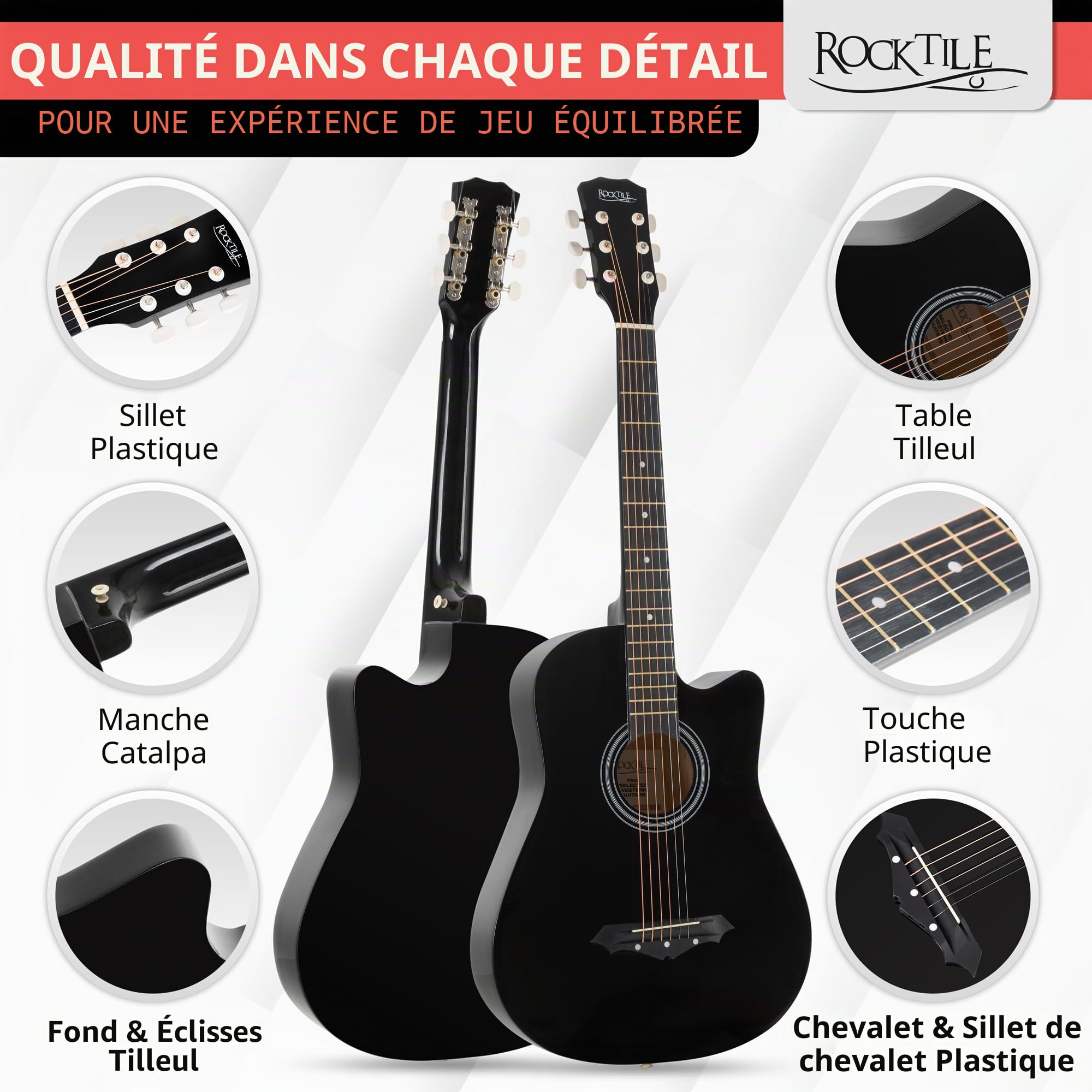 Rocktile WSD-5C-BK Slim Line Set de Guitares Western - Guitare Acoustique Dreadnought - Corps en Tilleul - Manche : Catalpa - Set avec Housse, Cordes de Rechange, Sangle et Médiators - Noir