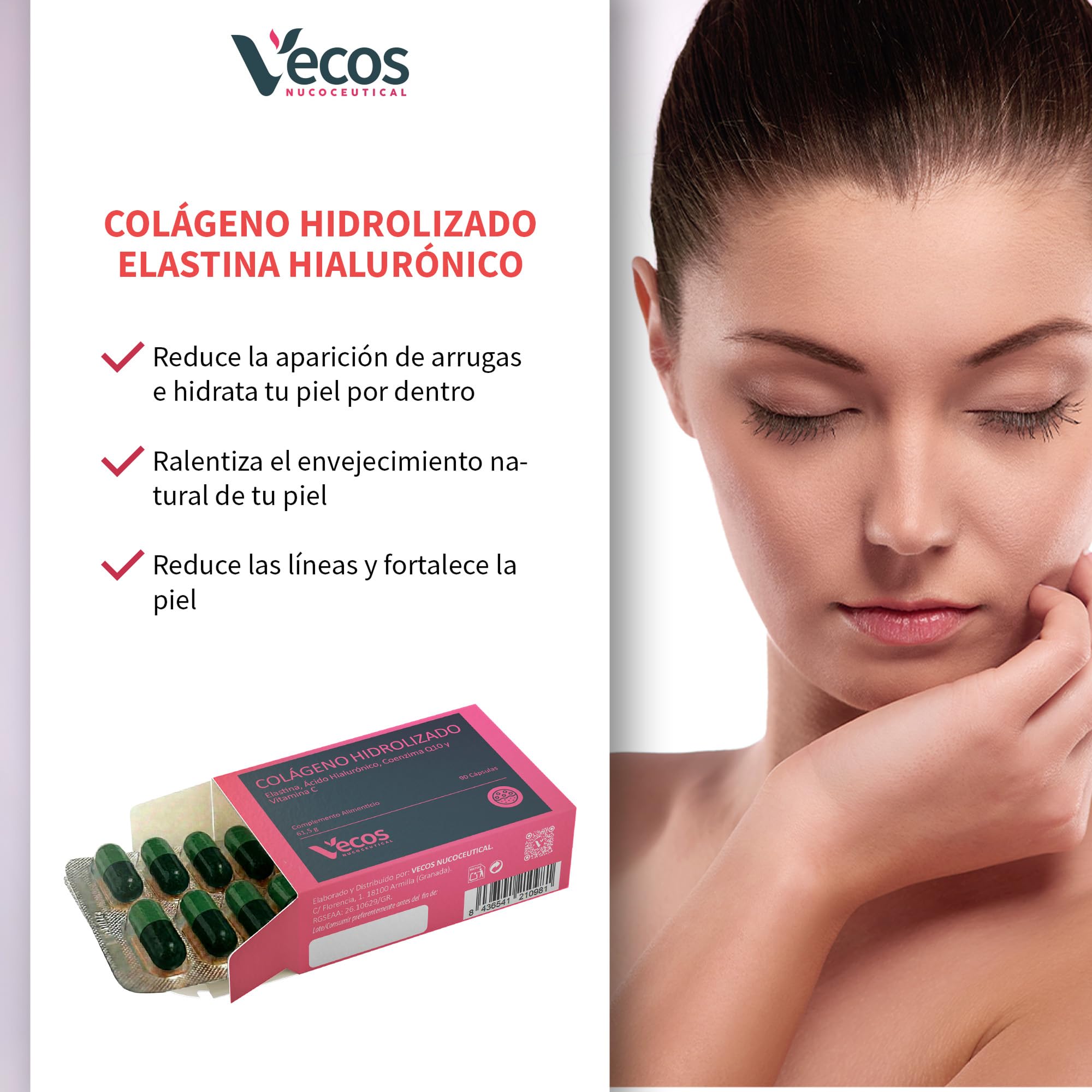 Colágeno Hidrolizado para la Buena Salud e Hidratación de la Piel | Elastina, Ácido Hialurónico, Coenzima Q10 y Vitamina C para Mejorar la Elasticidad de la Piel | 90 Cápsulas Vegetales