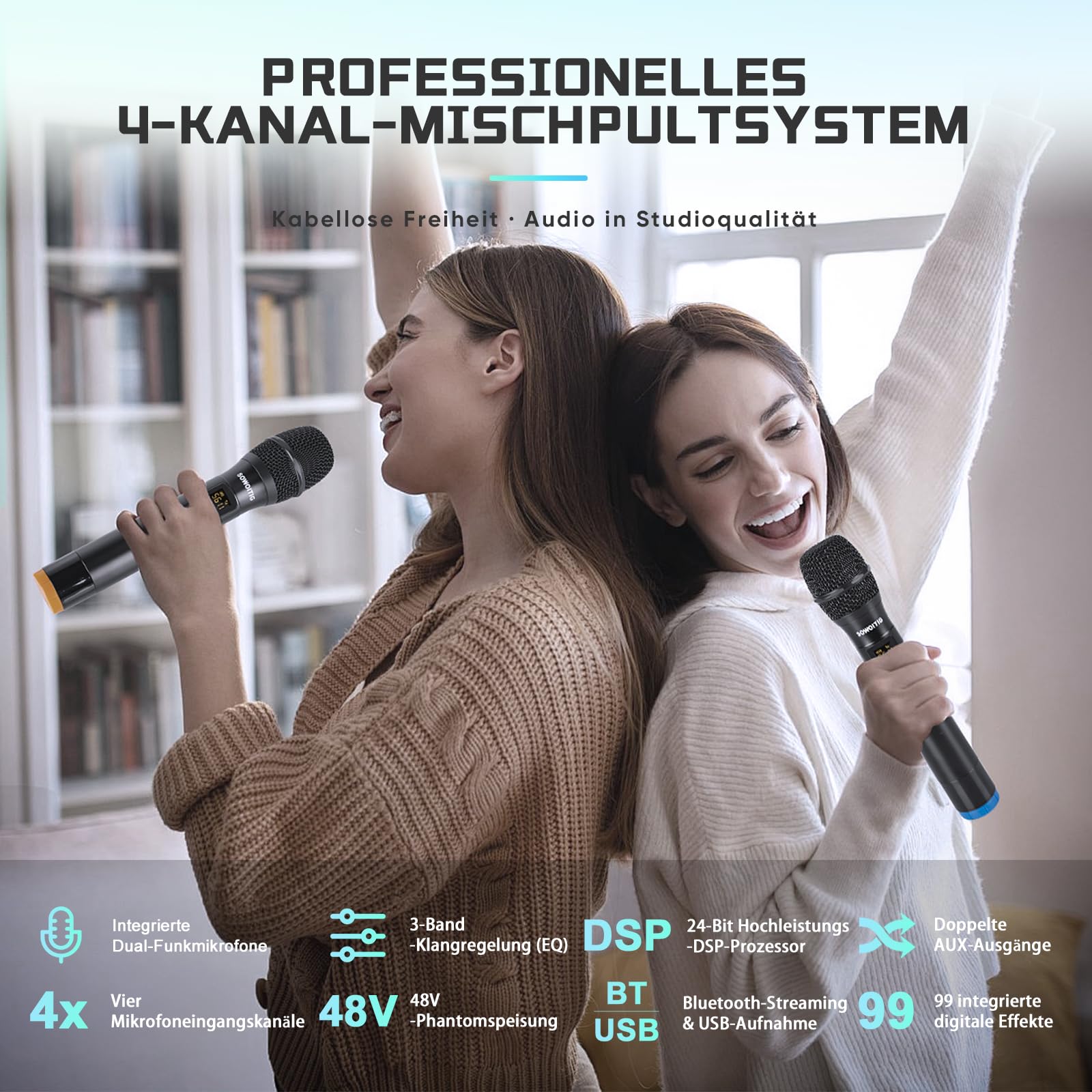 Mixer audio a 4 canali con 2 microfoni senza fili, console professionale DJ con 99 DSP MP3 Bluetooth 48 V alimentazione phantom PAD e interfaccia USB per registrazione, karaoke domestico e streaming