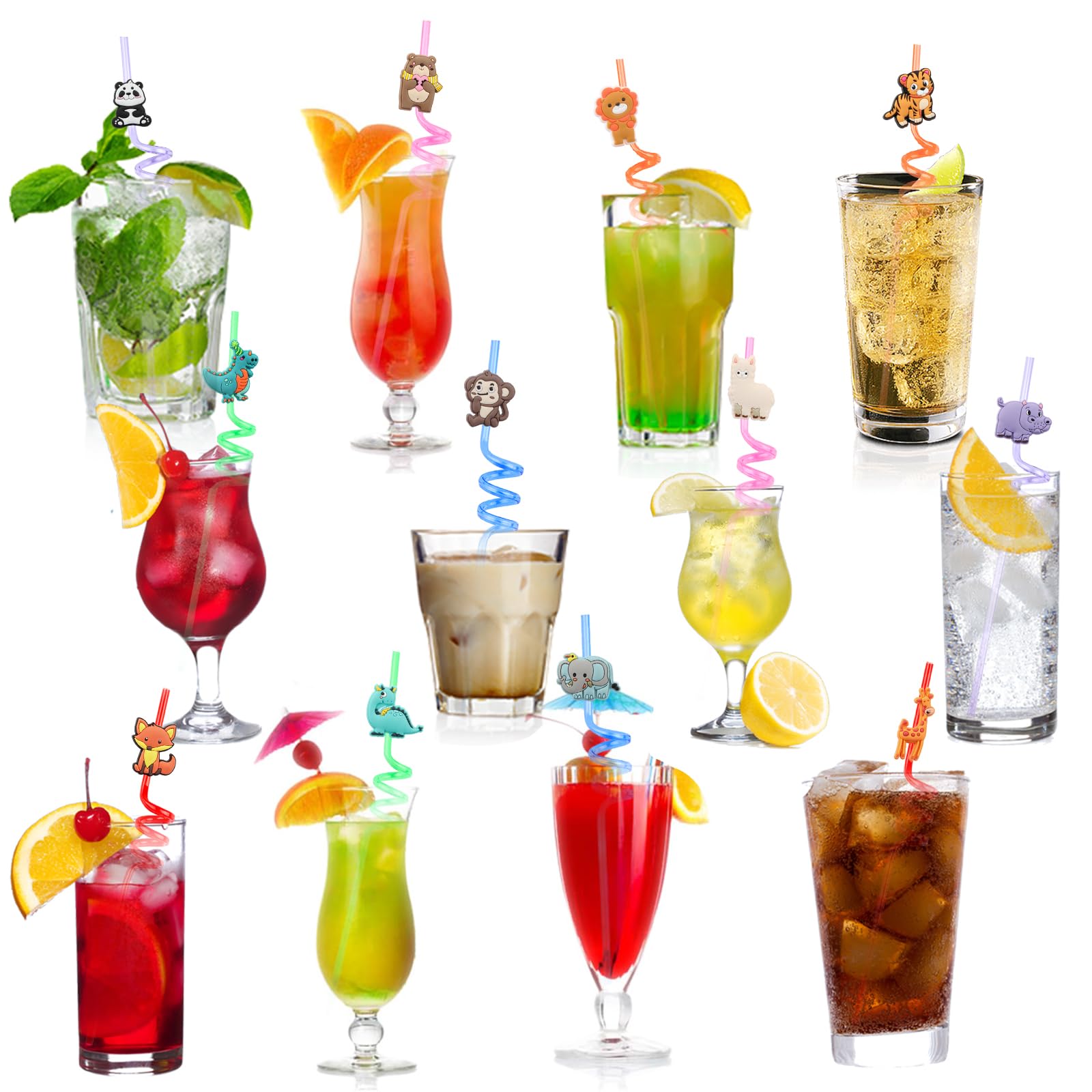 Pajitas Reutilizables Niños 12 Piezas Animales Pajitas, Pajitas Plástico, Gafas Pajita para Beber, Pajitas Fiesta En Espiral, Para Leche, Jugos, Cócteles Decoración de La Fiesta de Cumpleaños