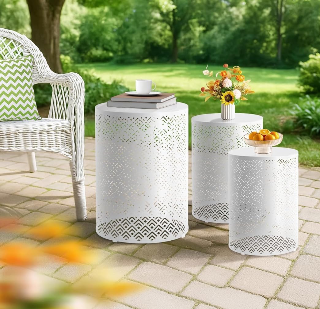 Metal Accent Indoor Outdoor Nesting End Carved Trellis Design, Set of 3 Side Table, Round Patio Accent Table, Metal Frame End Table for Indoor Outdoor, 12", 14", 16" H, (White)