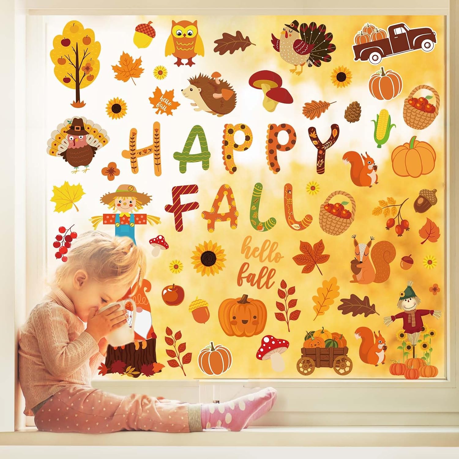 9 Sheets Happy Fall Thanksgiving Window Clings Autumn Cute — view 3