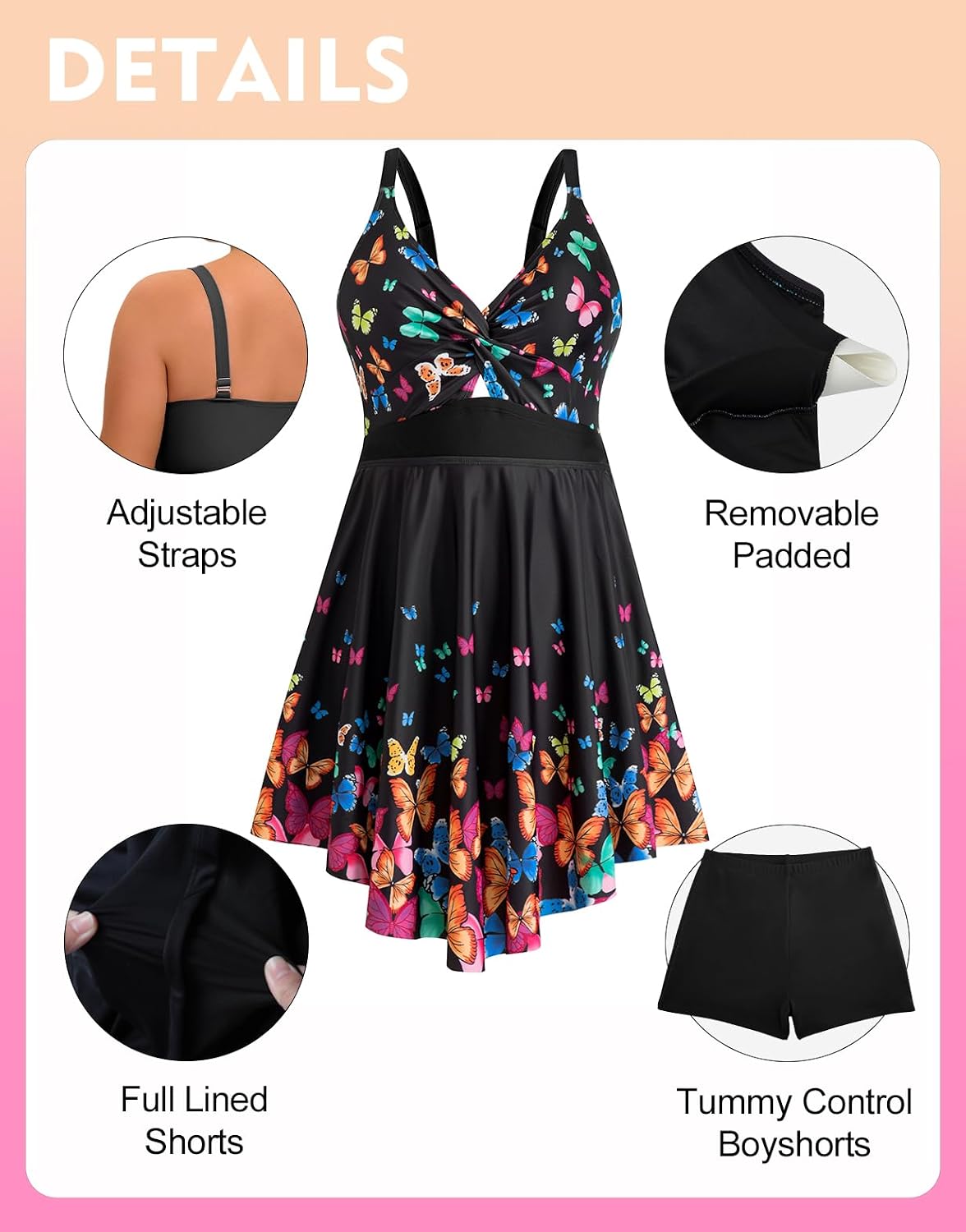 Arolina Plus Size Bathing Suit for Women Swim Dress Tummy Control Swimsuits Two Piece Flowy Tankini with Shorts