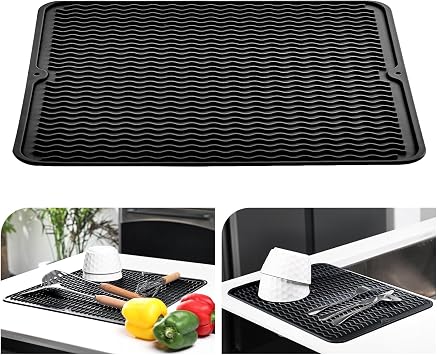 KitchenRaku Dish Drying Mat, Silicone Draining Board Mat, Heat Resistant Dish Draining Mat for Kitchen,Non-Slip Silicone Trivet,Table Mat,Pot Holder,Placemat,Spoon Rest, Coaster Black, 30x40cm