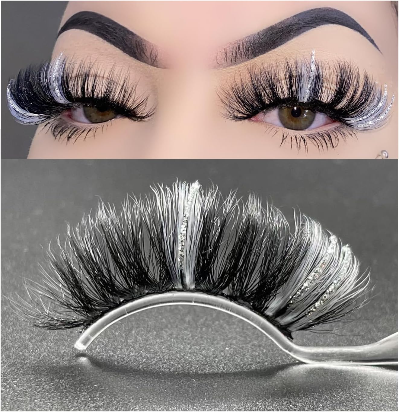 Black and White False Eyelashes with Silver Glitter,1 Pair Black Lash Strip with Color Silver Highlight Sparkly, Cruelty-Free Faux Mink for Women Makeup