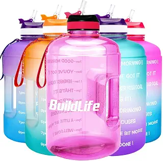 BuildLife (ビルドライフ) ハーフガロンウォーターボトル 毎日飲む時間マーク付き BPAフリー 再利用可能 ジム スポーツ アウトドア 大容量 (ライトピンク 765オンス)