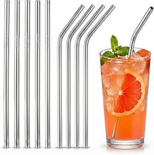 10 Pcs Stainless Steel Straws Set - 5 Straight (8.46") + 5 Bent (8.07") Metal Straws, 18/8 Food-Grade Reusable Straws for Tumblers, Smoothies, Shakes & Cocktails