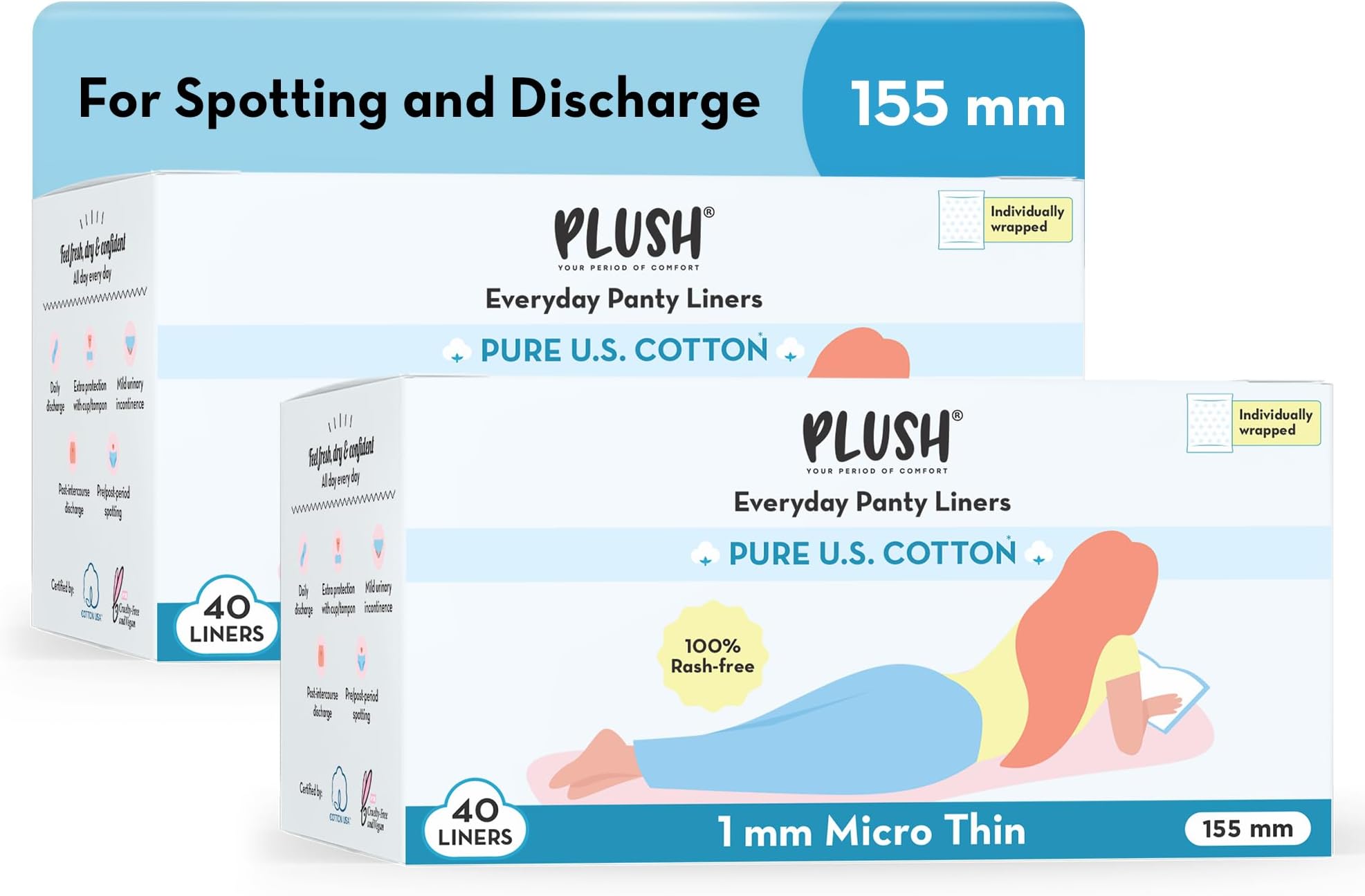 Plush Ultra Thin Panty Liners For Women Daily Use, 40 Liners 155mm - Pack of 2 | Pure US Cotton Liner Pads For Rash Free Periods | Soft Cotton Surface For Comfort On Non-Period Days