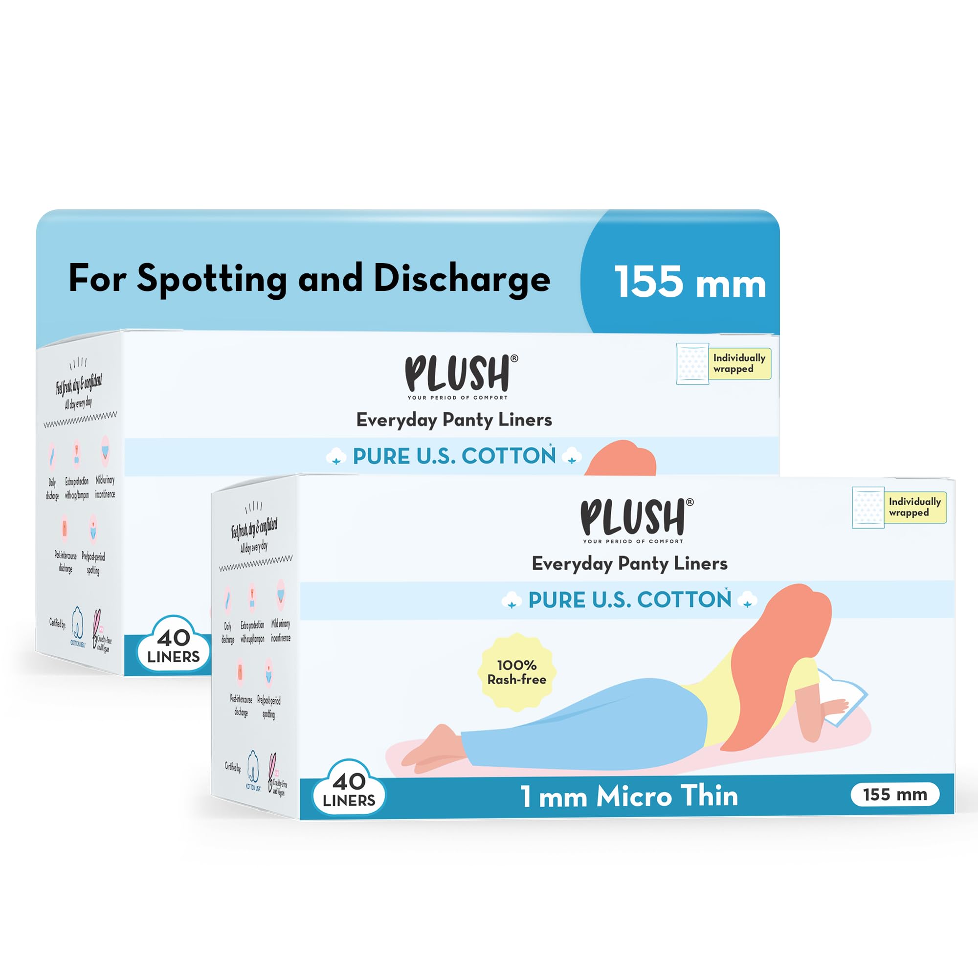 Ultra Thin Panty Liners For Women Daily Use, 40 Liners 155mm - Pack of 2 | Pure US Cotton Liner Pads For Rash Free Periods | Soft Cotton Surface For Comfort On Non-Period Days