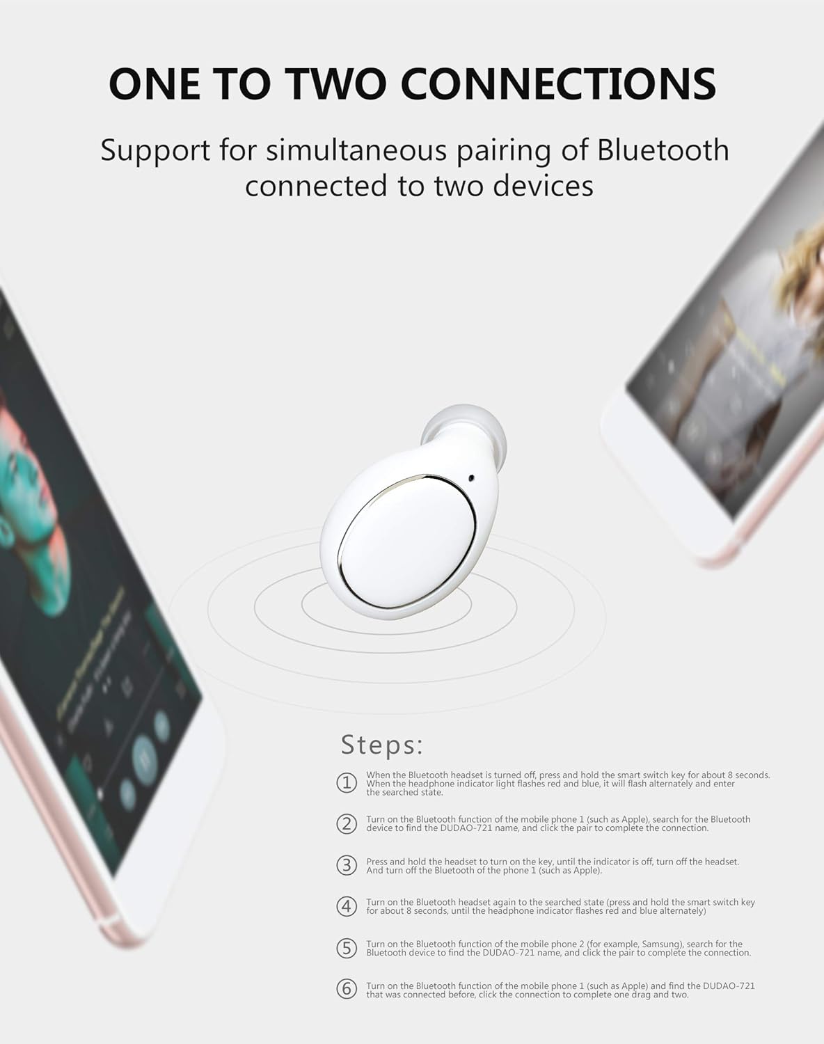 Diagram showing steps for connecting DUDAO DT-721 earphone to one or two devices