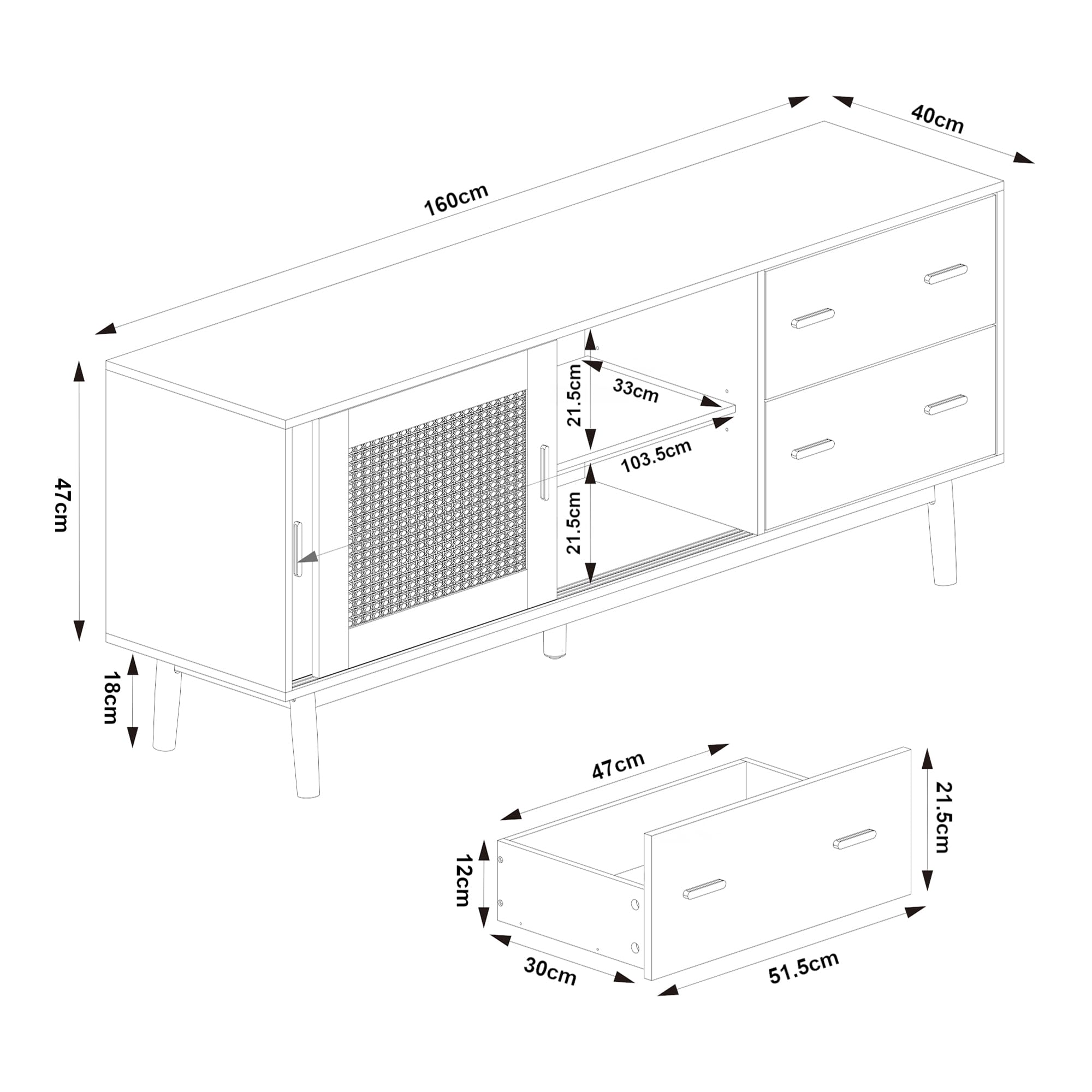 [en.casa] Szafka pod telewizor Susa z 2 drzwiami przesuwnymi, front z polirattanu, szafka pod telewizor z 2 szufladami, 160 x 40 x 65 cm, kredens, komoda pod telewizor, beżowa