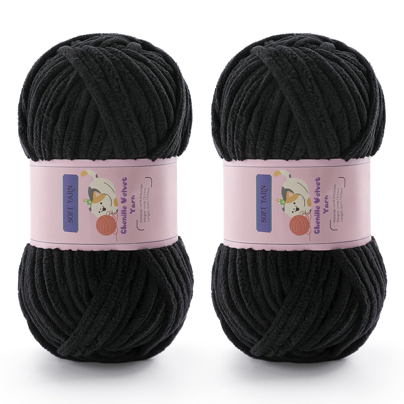 Chunky Chenille Yarn for Crocheting, #6 Black Baby Blanket Yarn for Crochet