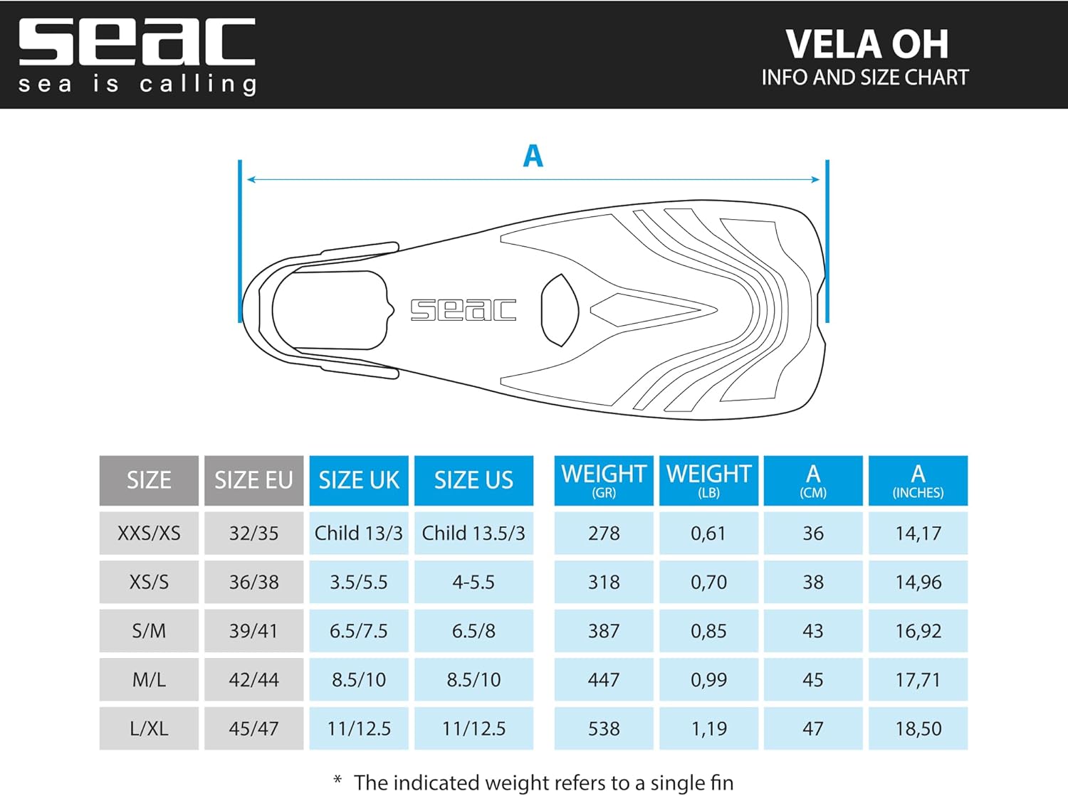 Seac Vela OH, Snorkeling and Pool Swimming Short Fins with Adjustable Strap