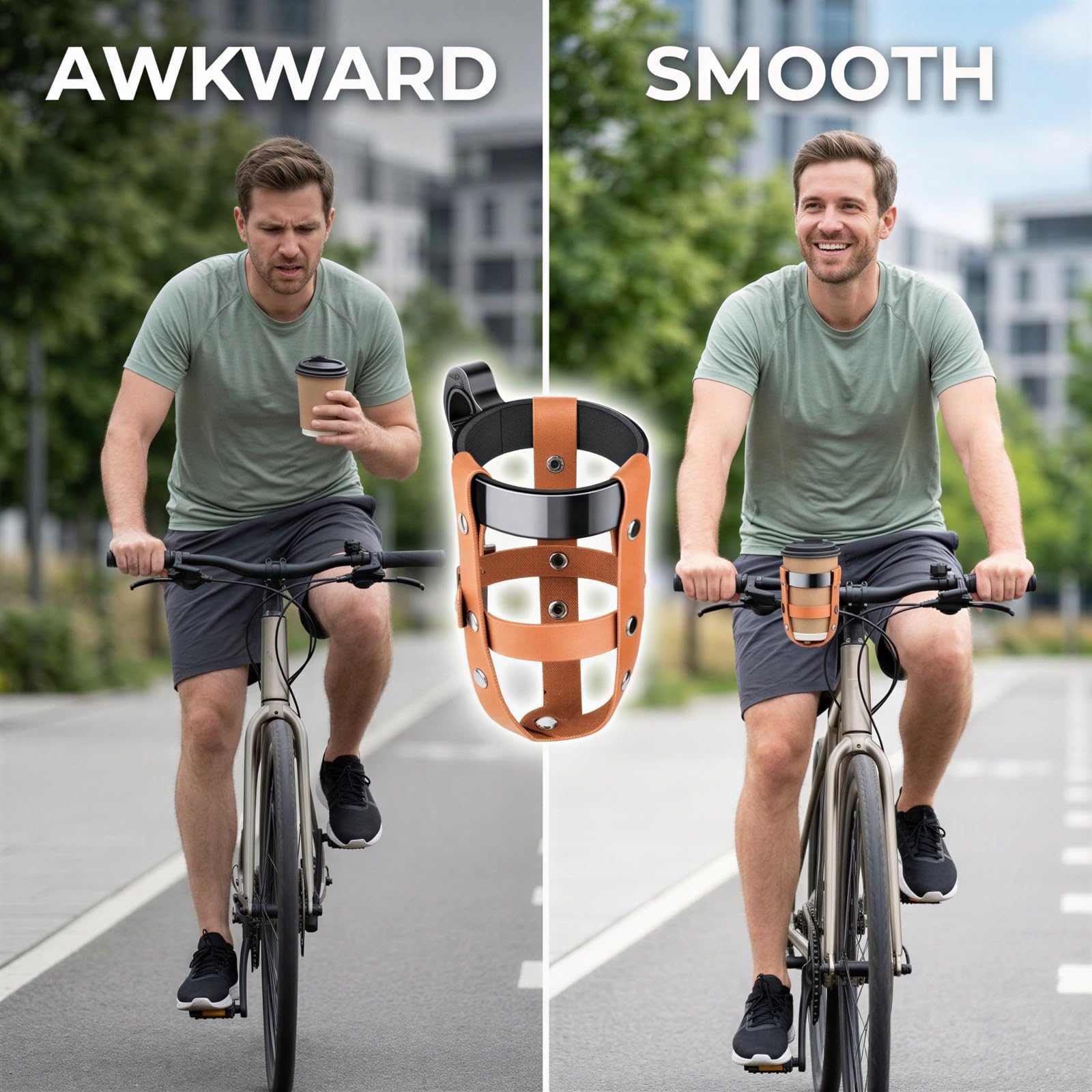 Getränkehalter für Fahrrad und Motorrad aus Aluminiumlegierung, Schwarze Halterung mit braunem Lederband, für Lenker von 2,1 bis 2,7 cm, passend für E Bike und Scooter