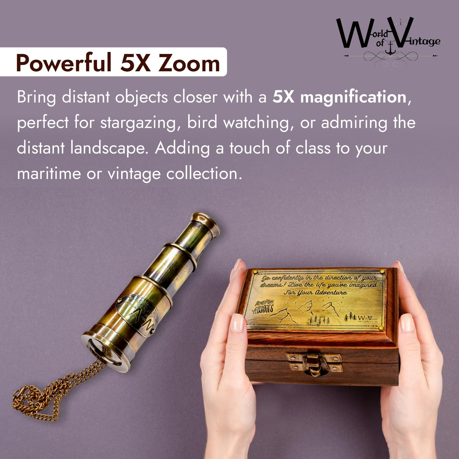 World Of Vintage Personalized Brass Telescope with Wooden Box - 5 Inch, 5X Zoom | Free Customizable with Personal Message & Attached Chain for Enhanced Grip | Personalized Gift | Inspiration Quotes 2