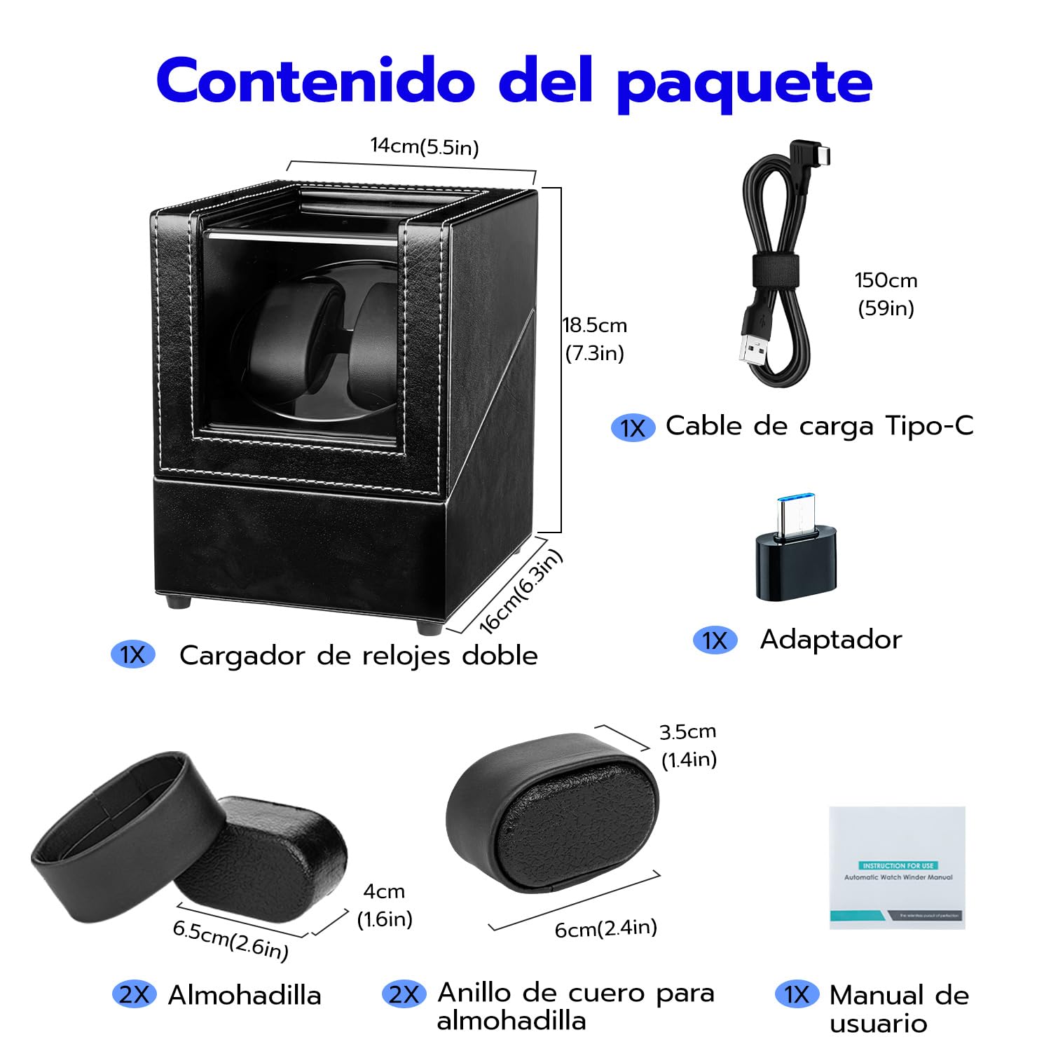 Caja automática doble para reloj, para 2 Relojes, Con LED azul, Caja enrolladora automática para Relojes, Vitrina acrílica de Cuero - Negro