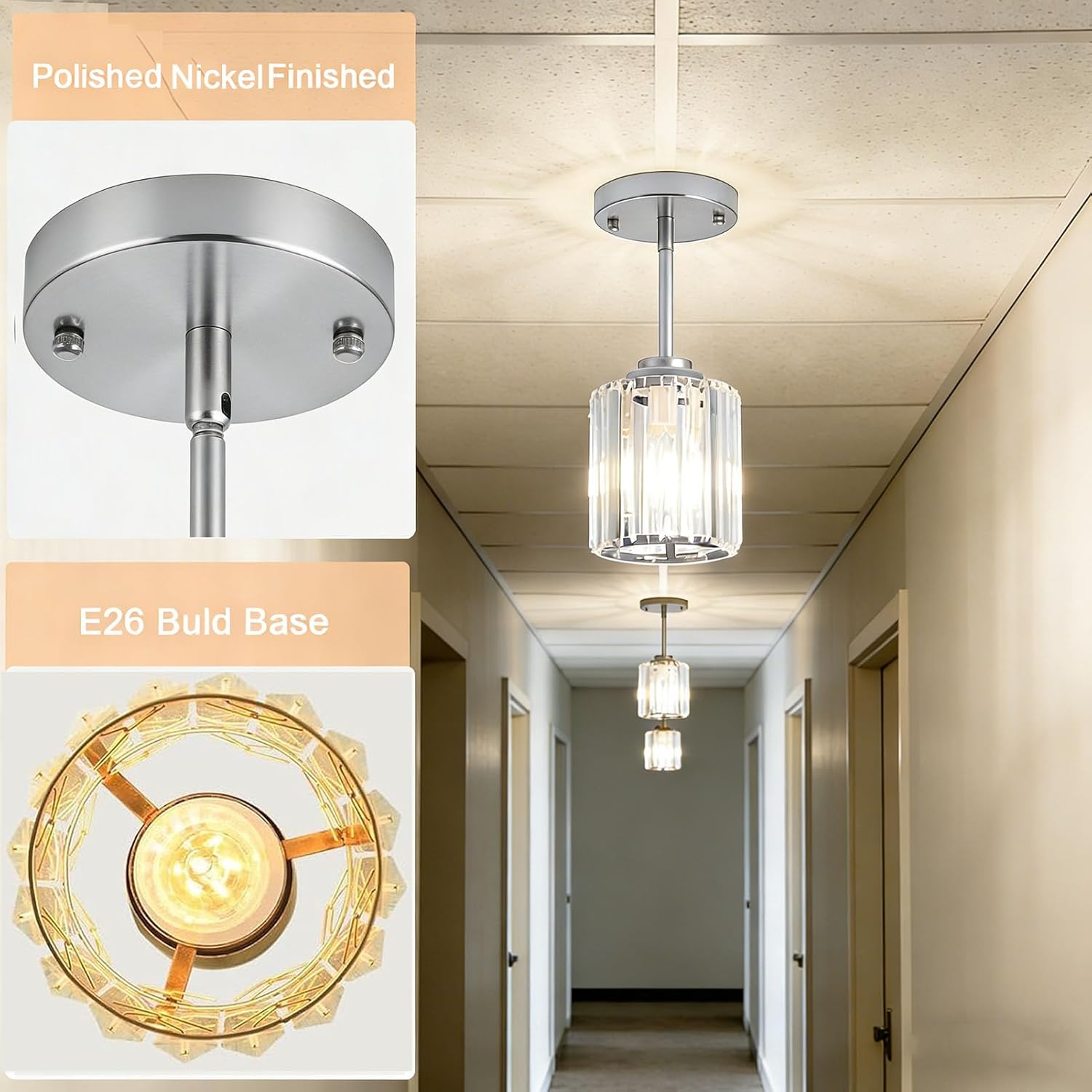 Pendant Lights Kitchen Island 3 Pack, Adjustable High Brushed Nickel Modern Crystal Mini Chandelier Ceiling Hanging Pendant Light Fixtures for Kitchen Hallway Dining Room Bedroom