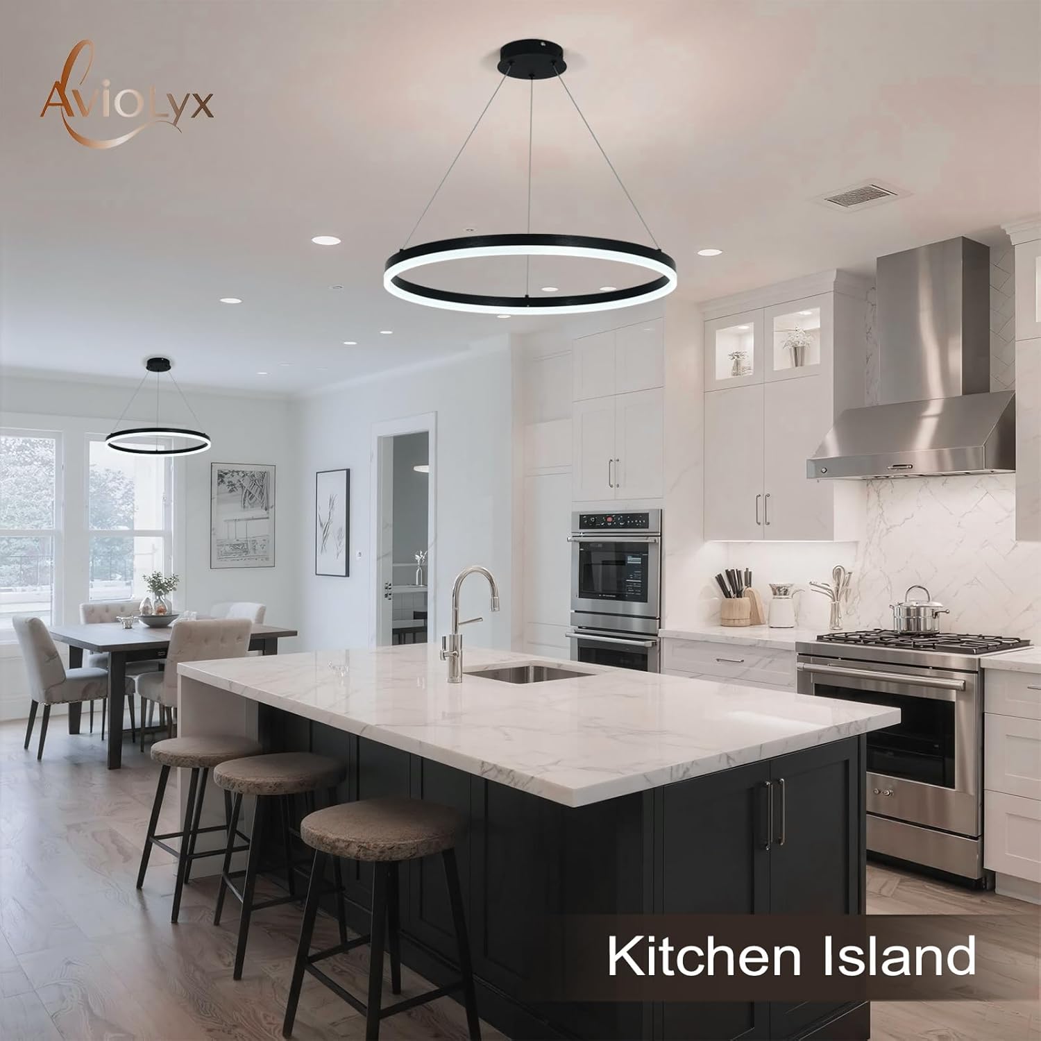 Modern LED Chandelier Black High Ceiling Ring Chandeliers with Remote Control Circular Pendant Light Dimmable for Dining Room Living Room Bedroom Hallway Kitchen Island(3000K-6500K D23.6)