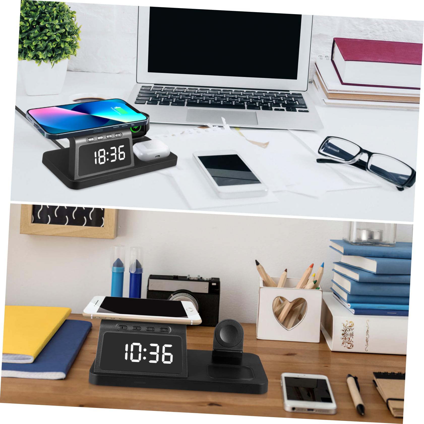 BESPORTBLE Station de Charge sans Fil Compatible avec Apple Watch Plupart des Téléphones et Écouteurs avec Horloge Numérique Intégrée