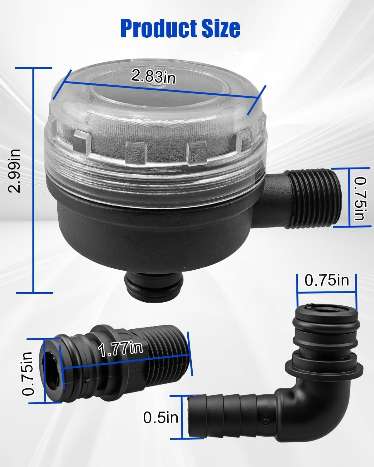 01740014A Water Pump Strainer 1/2in Fit for Xylem Flojet Water Pump, with 1/2in 20381-009 Elbow Hosebarb Fitting and 20381-039 Quad Port Fitting