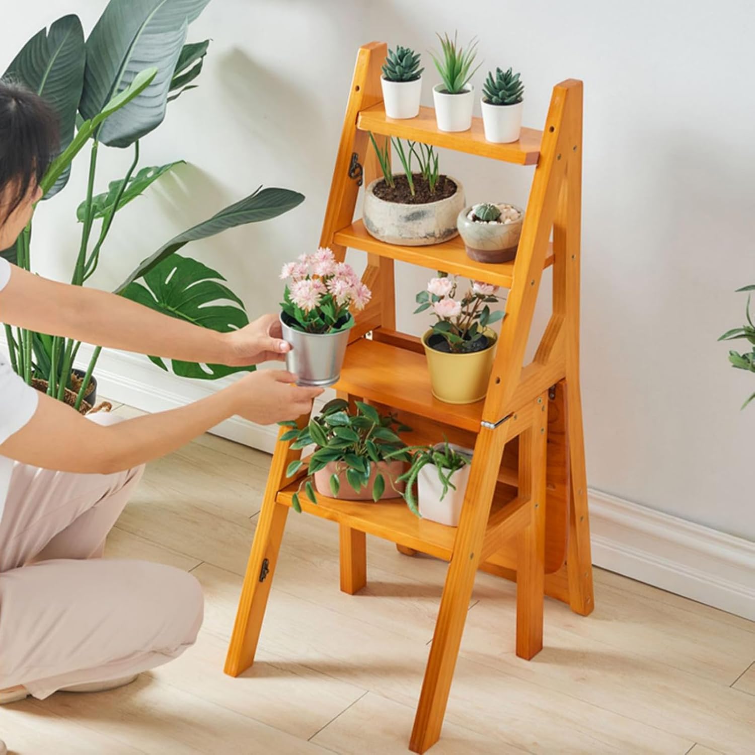 4-Tier Solid Wood Folding Ladder Chair - Protable 4-Step Library Ladder,Foot Stools Ladder Flower Shelf Portable Wooden Stepladder for Office/Home/Kitchen/Library,Brown-37 * 47 * 9