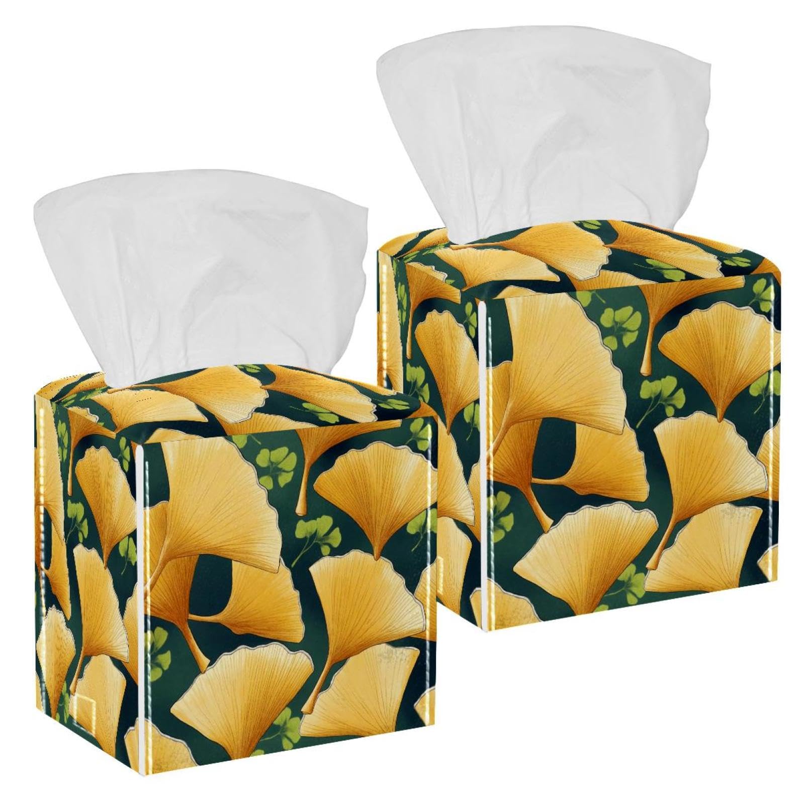 Artistic Leaves Tissue Box Cover, 2 Pack PU Leather Square Facial Tissue Dispenser Box holder for Home Office Car