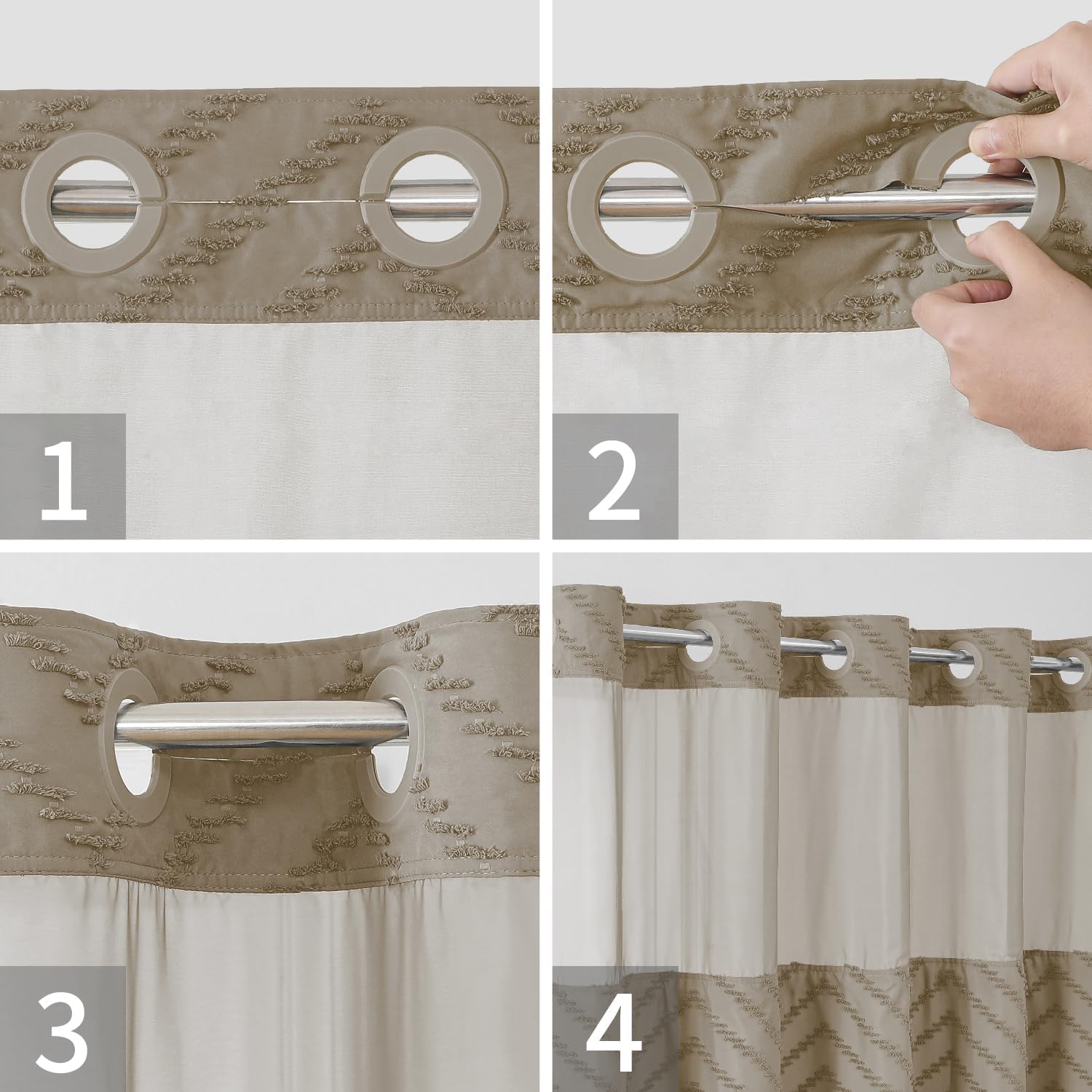 No Hook Boho Farmhouse Shower Curtain with Snap-in Fabric Liner set-71Wx74H(72H),Beige Tufted Chevron Striped Hotel Grade Cloth Shower Curtains for Bathroom with Window,Water Repellent