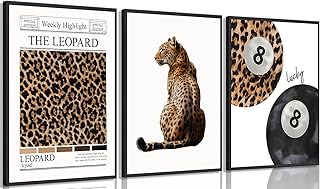 Set of 3 Trendy Leopard Canvas Wall Art Funky Lucky 8 Ball Posters Prints Preppy Room Aesthetic Cheetah Wall Decor Paintings Pictures for Girls Bedroom Apartment Dorm 16x24in Unframed
